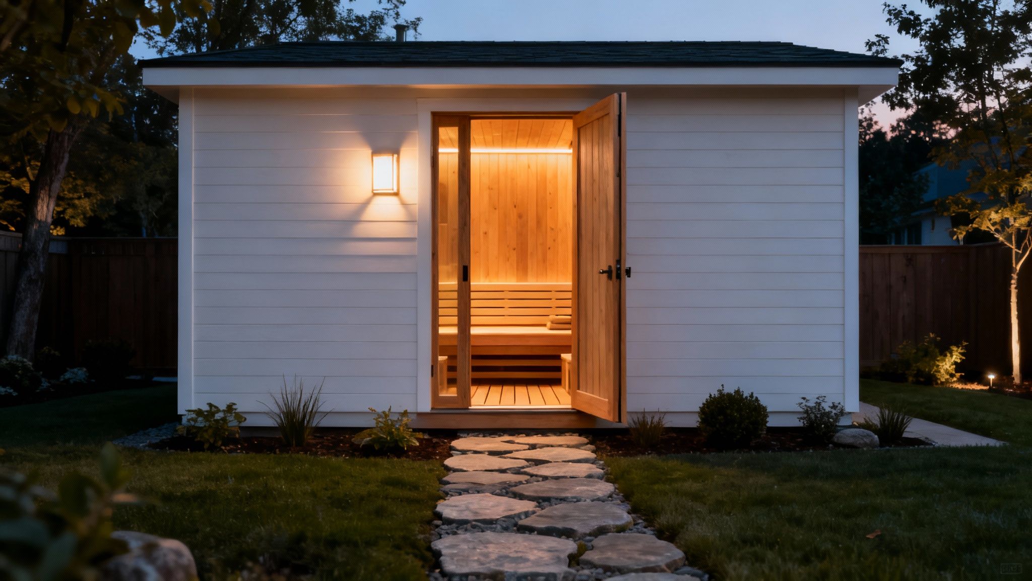 Person sitting on a bench in a sauna