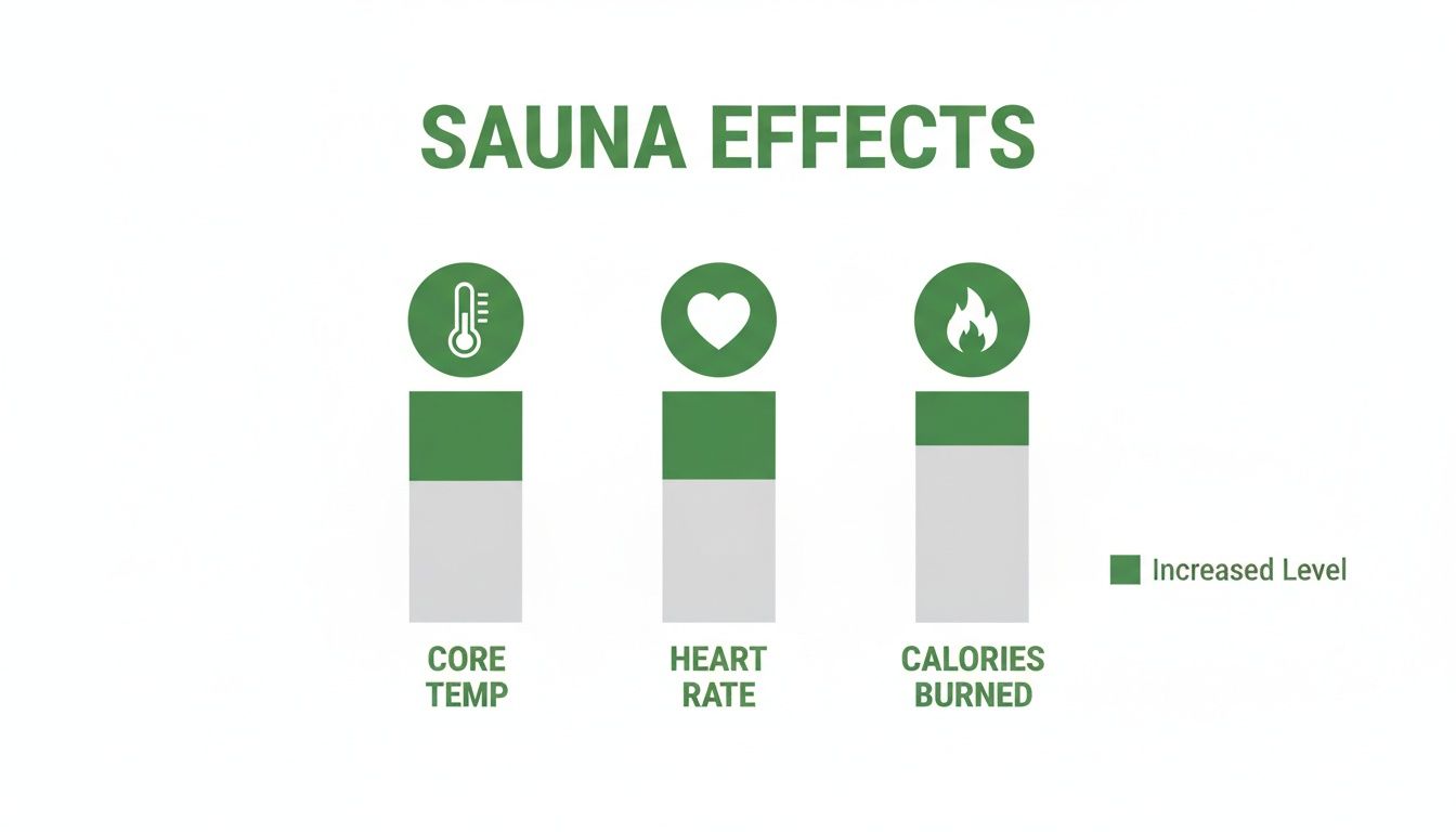 Infographic bar chart detailing sauna effects: increased core temperature, heart rate, and calories burned.