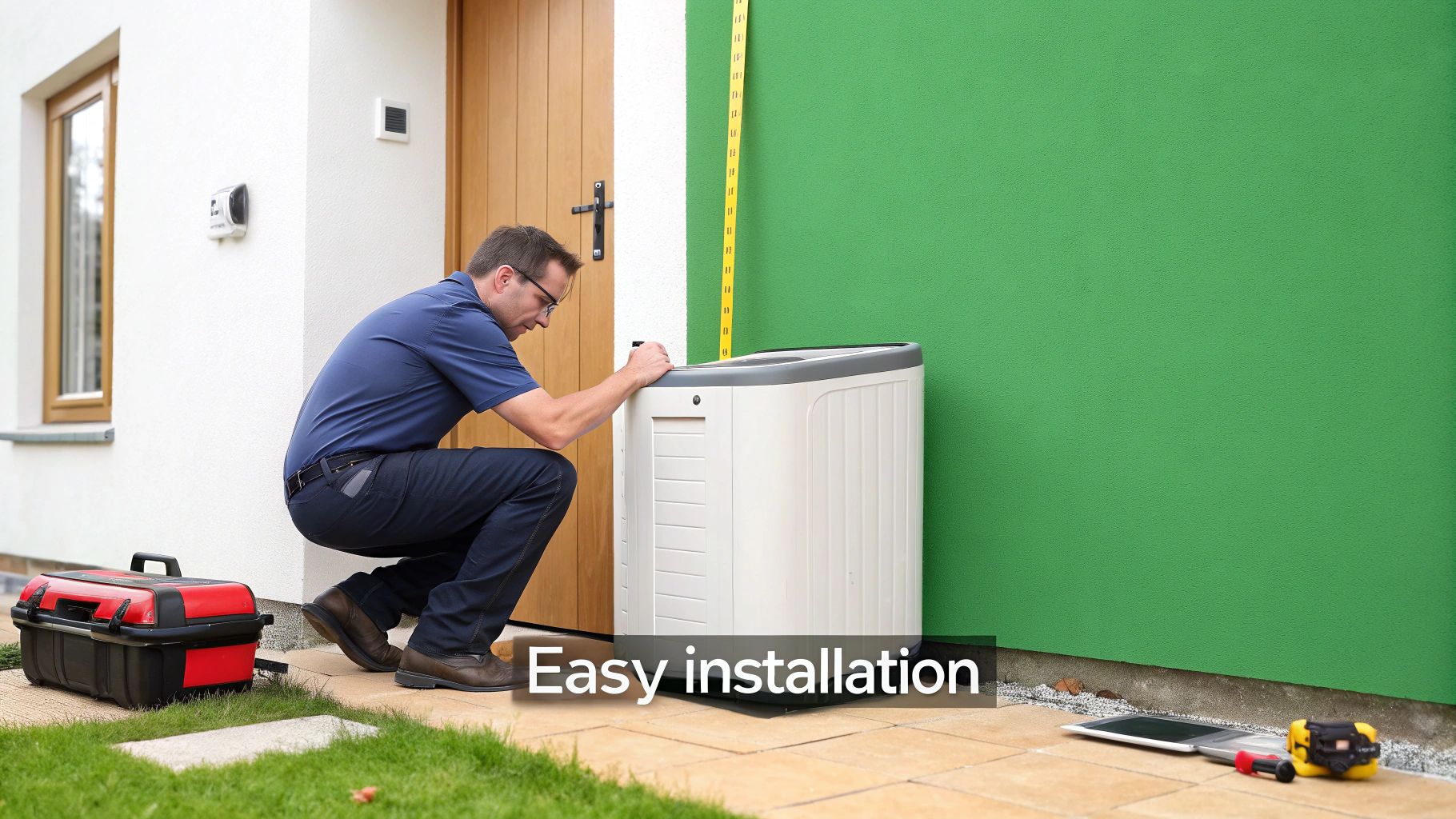 A man crouches to install an outdoor utility unit beside a house wall.