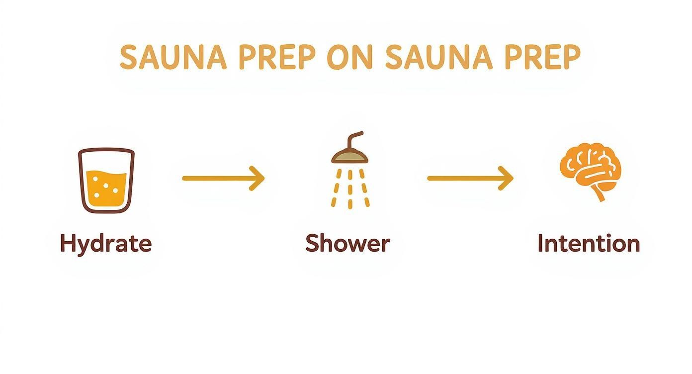Infographic showing sauna preparation steps: hydrate, shower, and set an intention.