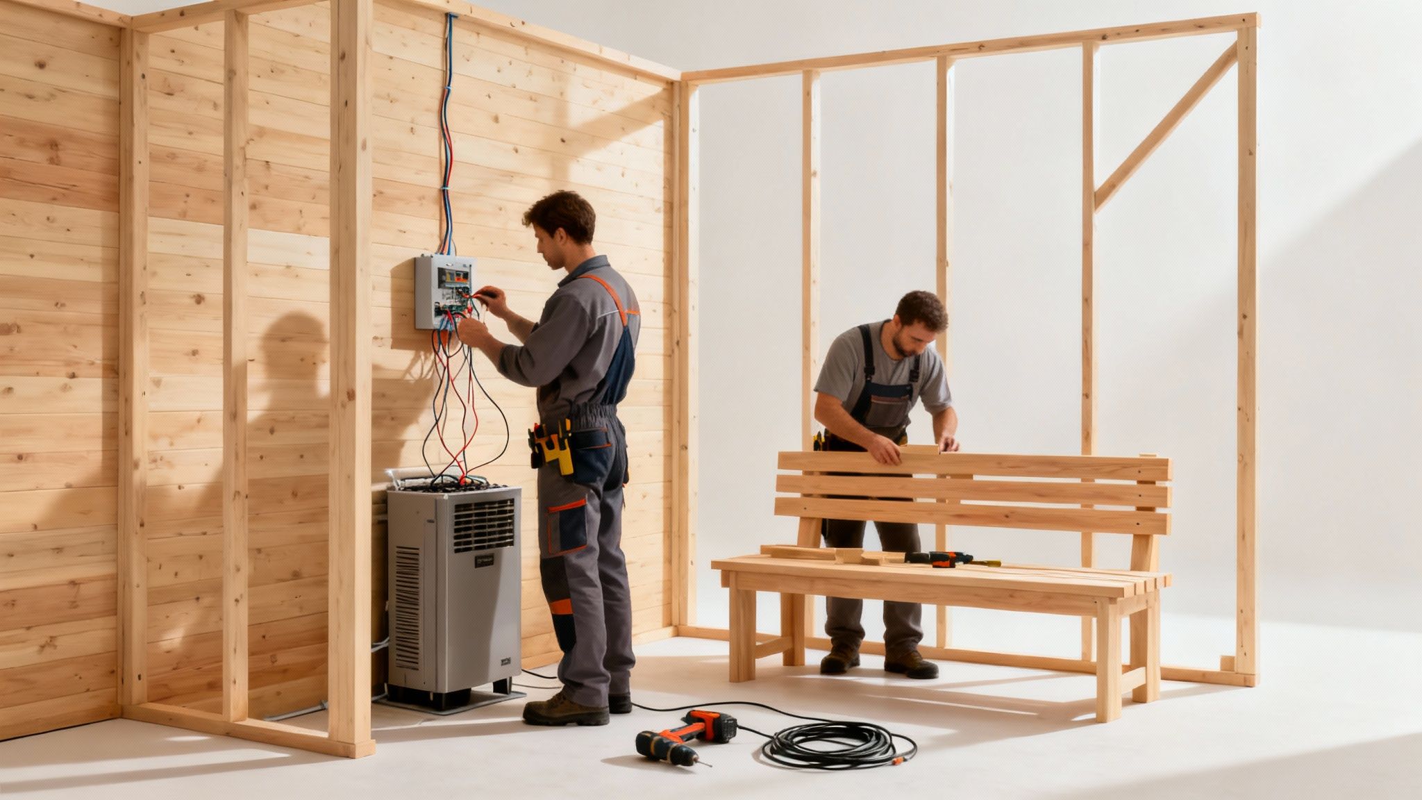 A professional installing sauna wall panels in a home