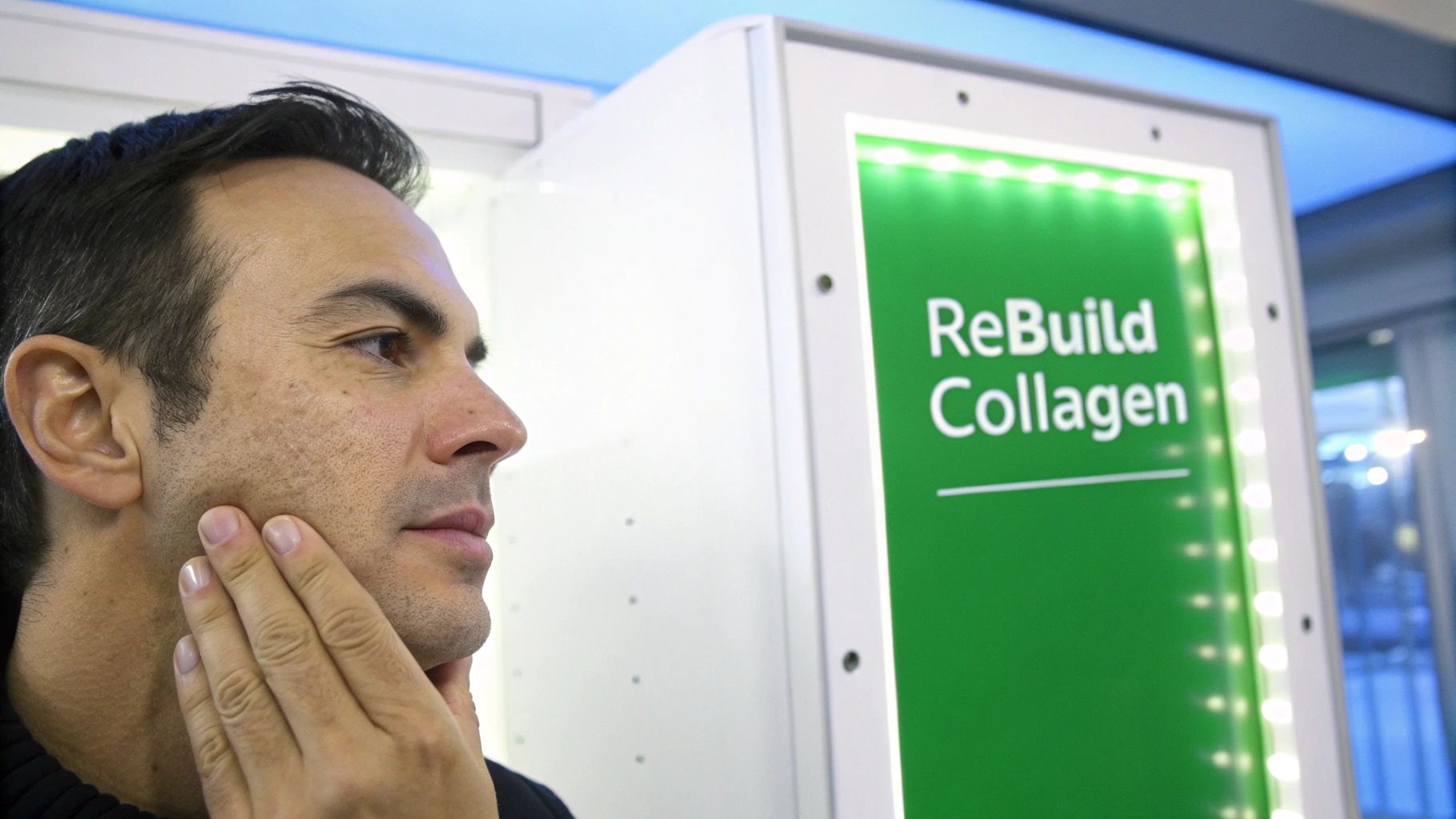 A man touches his face, looking at a lit display board that says "ReBuild Collagen".