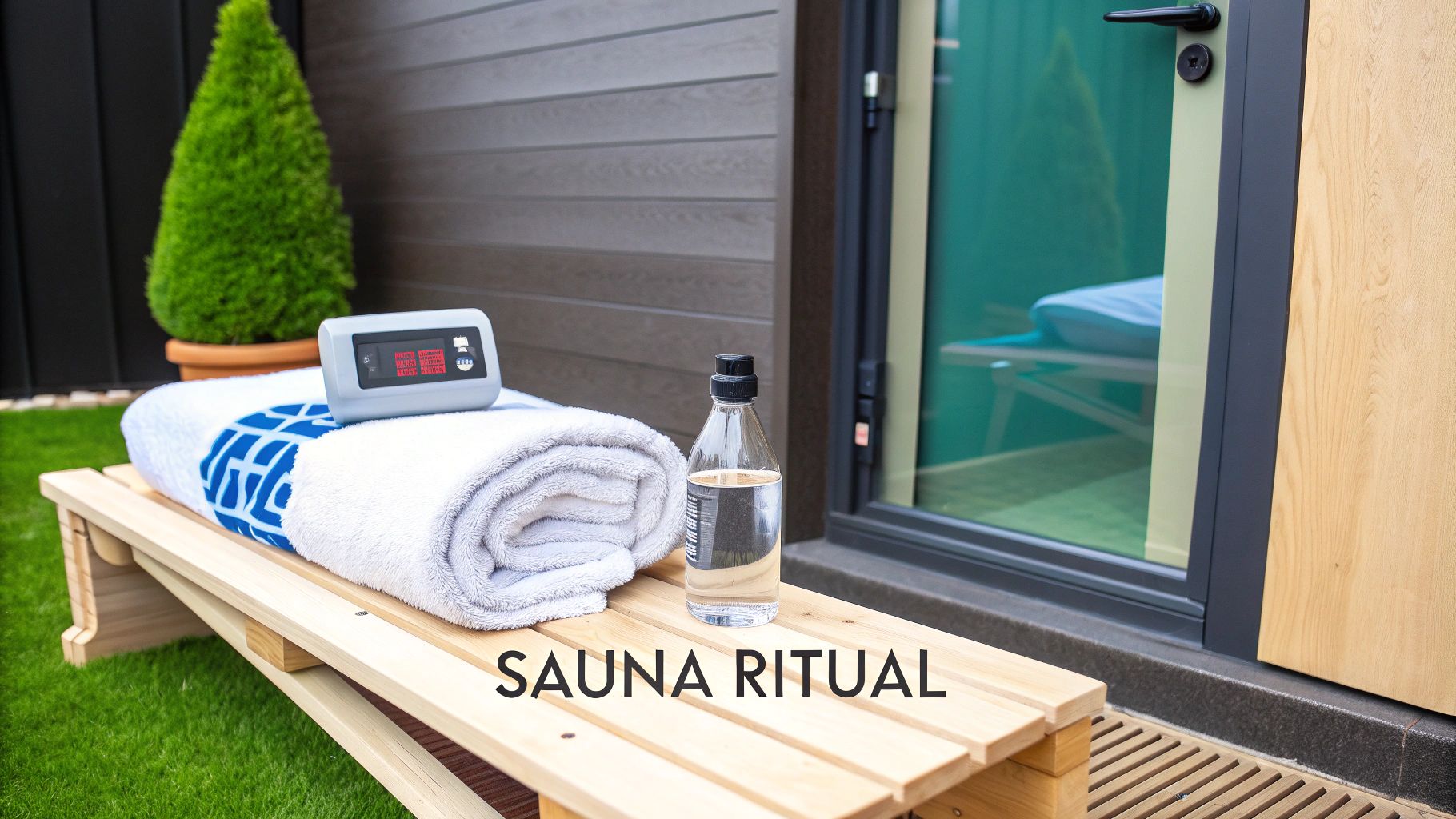 A wooden bench with a rolled white towel, a digital device, and a water bottle for a sauna ritual outdoors.