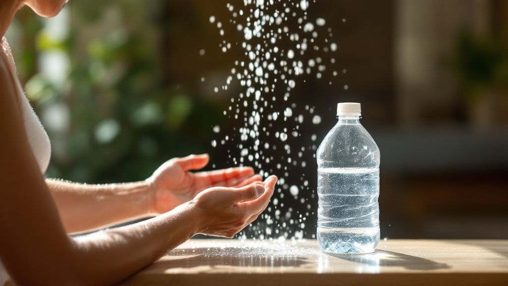 A glass of water with lemon slices resting on a wooden bench inside a sauna, emphasizing hydration.