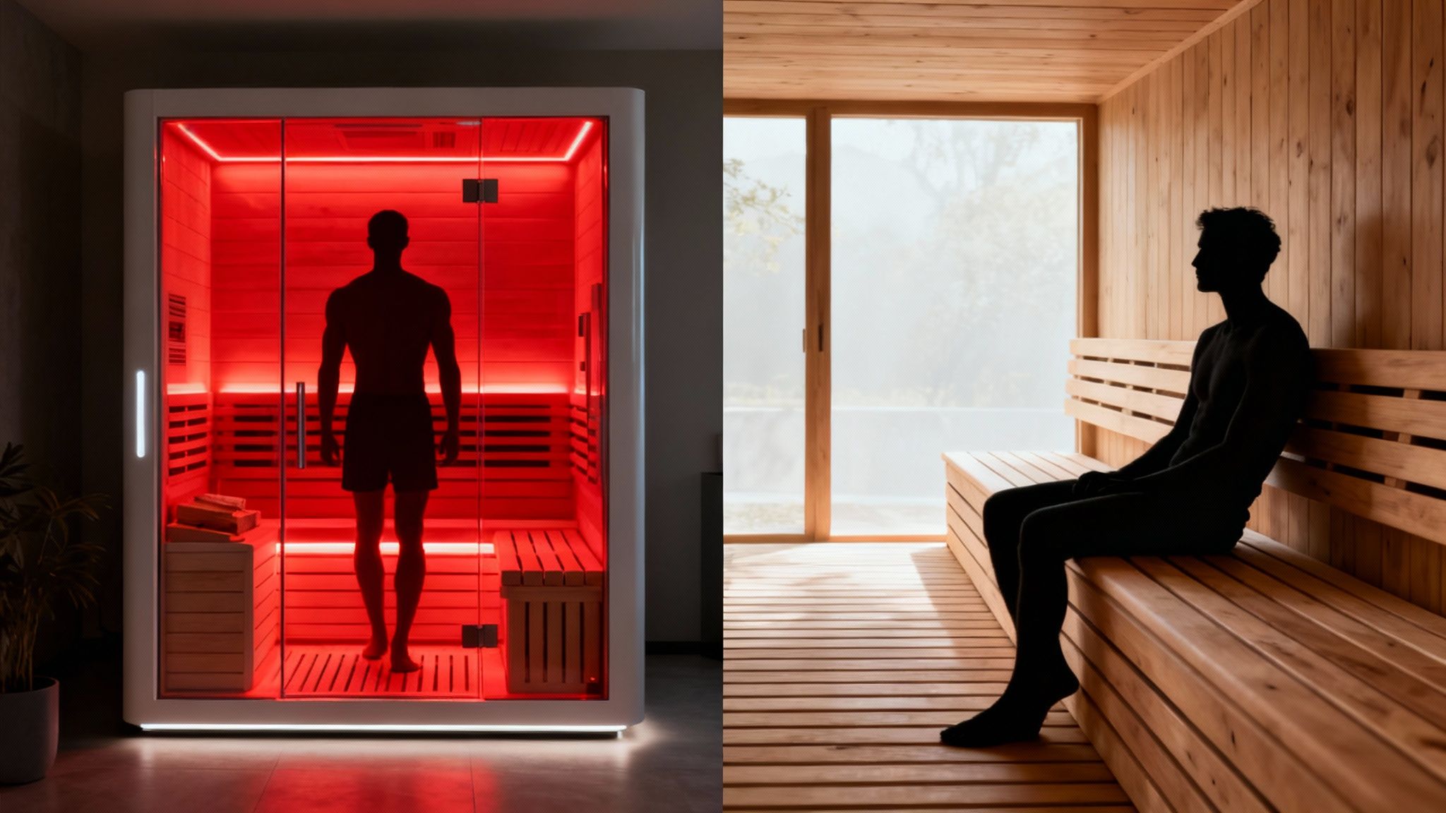 A person relaxes in a sauna, looking thoughtfully at the wooden interior.