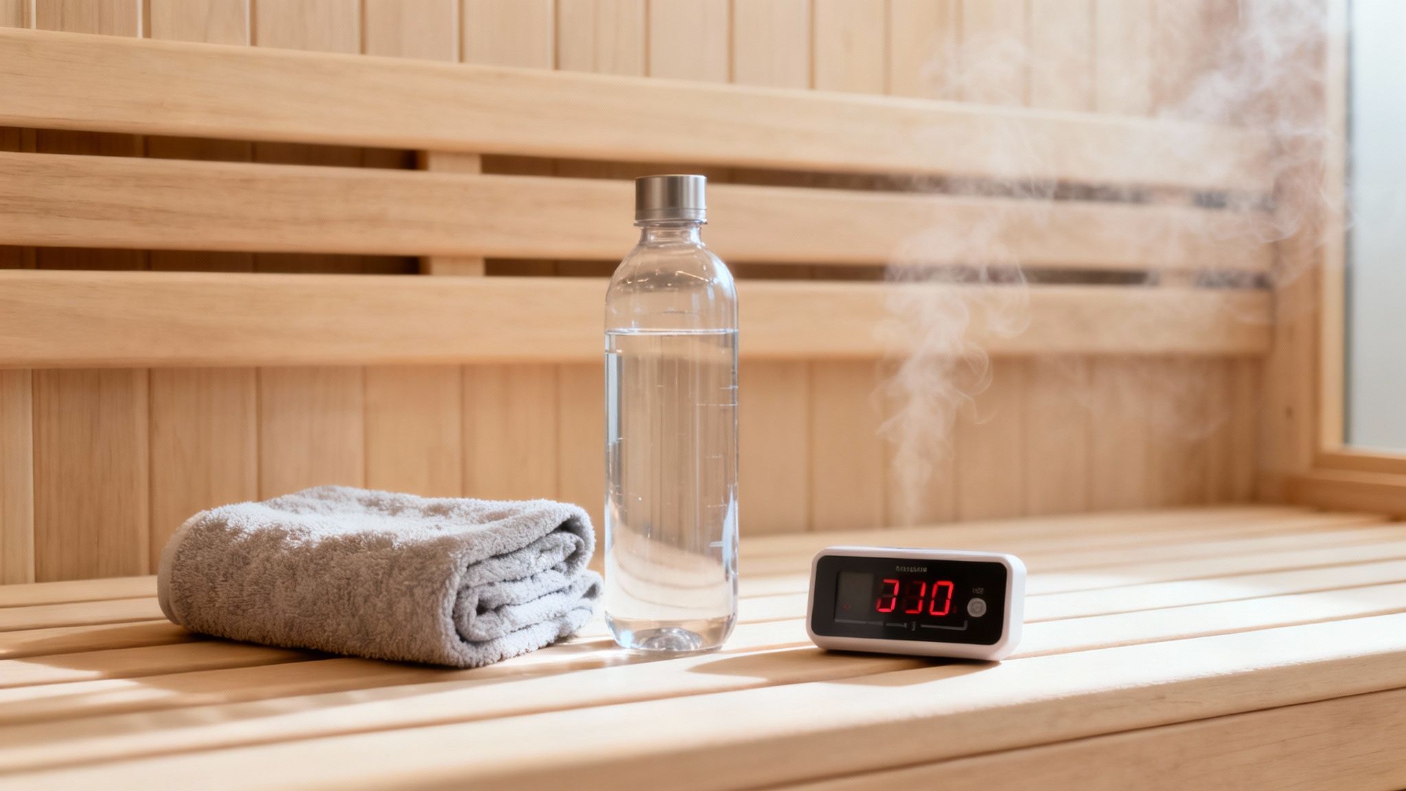A refreshing scene in a wooden sauna with a folded towel, water bottle, and digital timer showing 3:30.