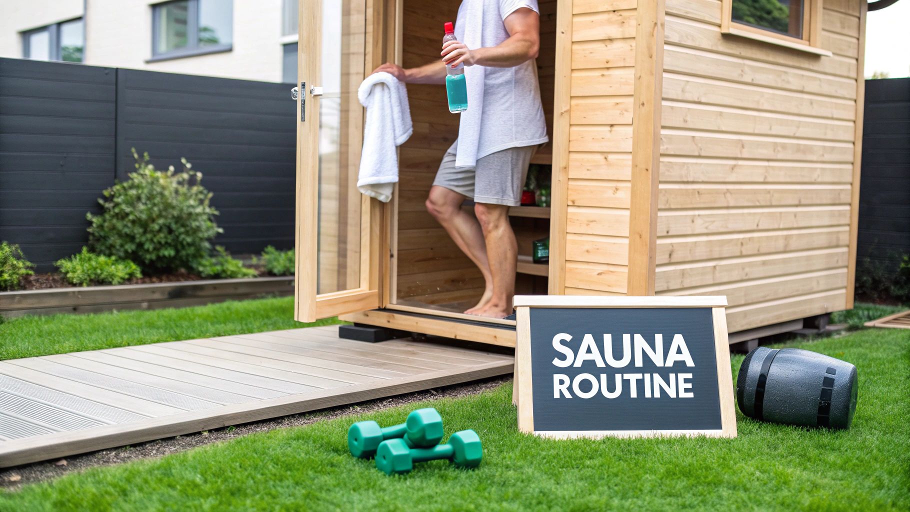 A person steps into a wooden backyard sauna with a towel and a bottle of water, next to a “Sauna Routine” sign and dumbbells on the grass.