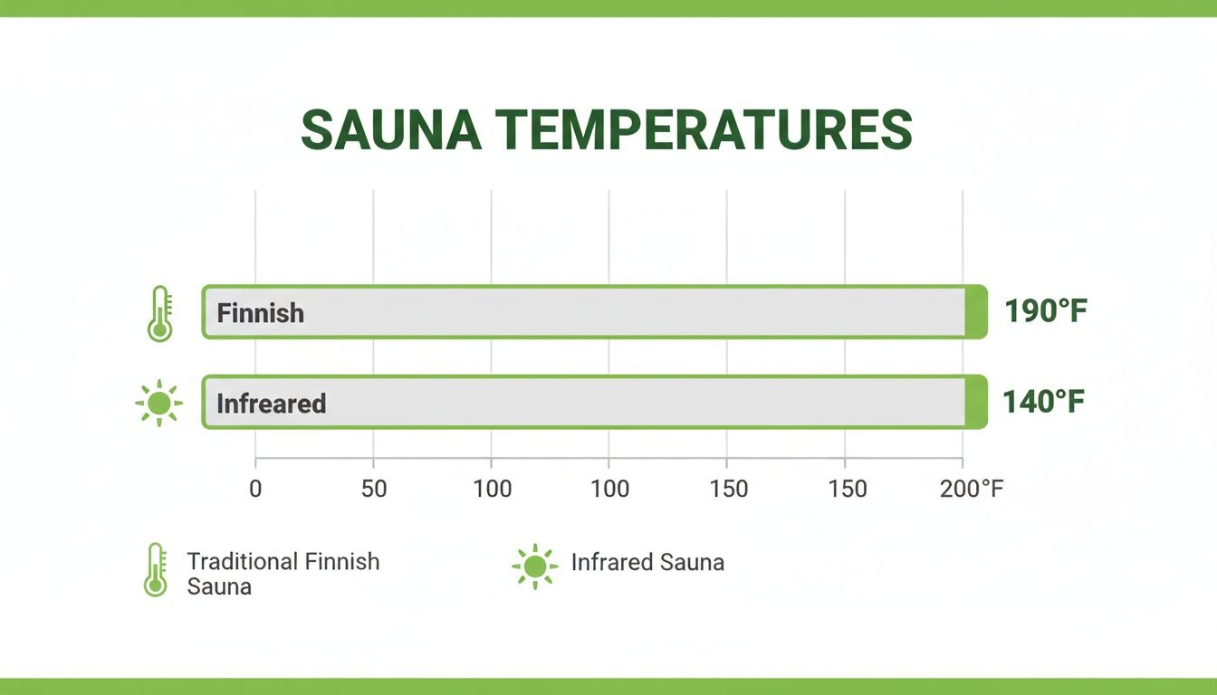 A bar chart comparing Finnish and Infrared sauna temperatures, showing 190°F and 140°F respectively.