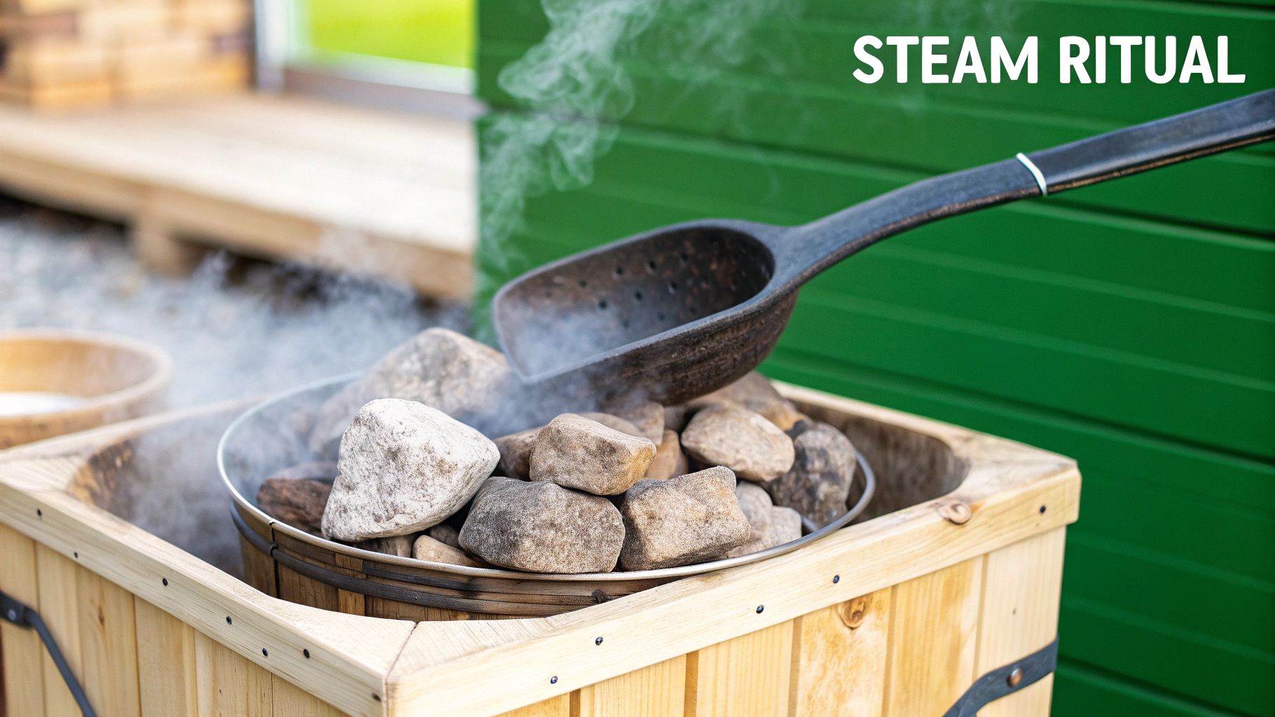 A scoop pours water onto hot rocks in a wooden sauna heater, creating abundant steam.