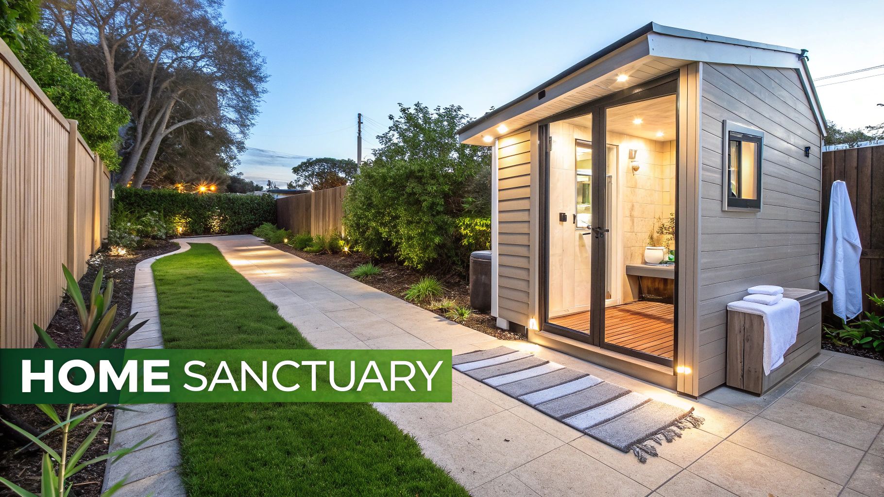 An inviting outdoor sauna with ambient lighting in a beautifully landscaped backyard at dusk.