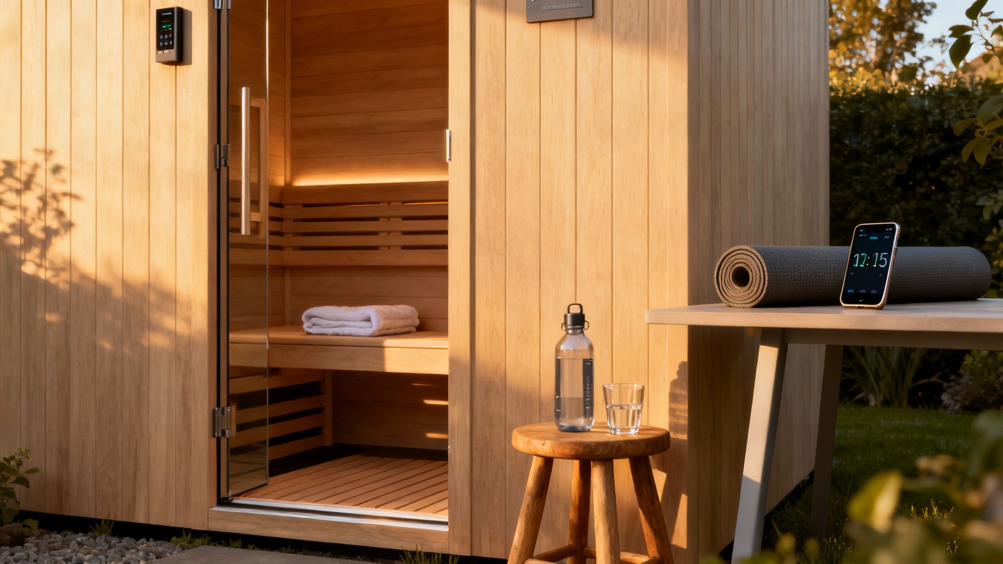 A couple enjoying the view from from their outdoor barrel sauna