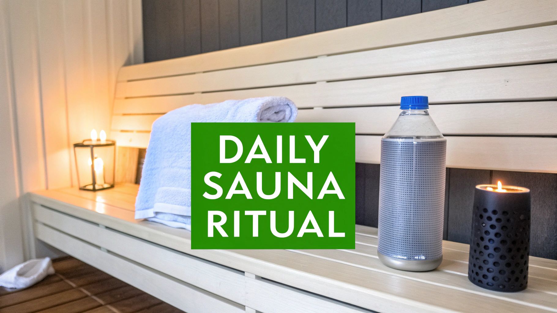 A cozy sauna interior with wooden benches, towels, candles, and a water bottle, suggesting a daily ritual.