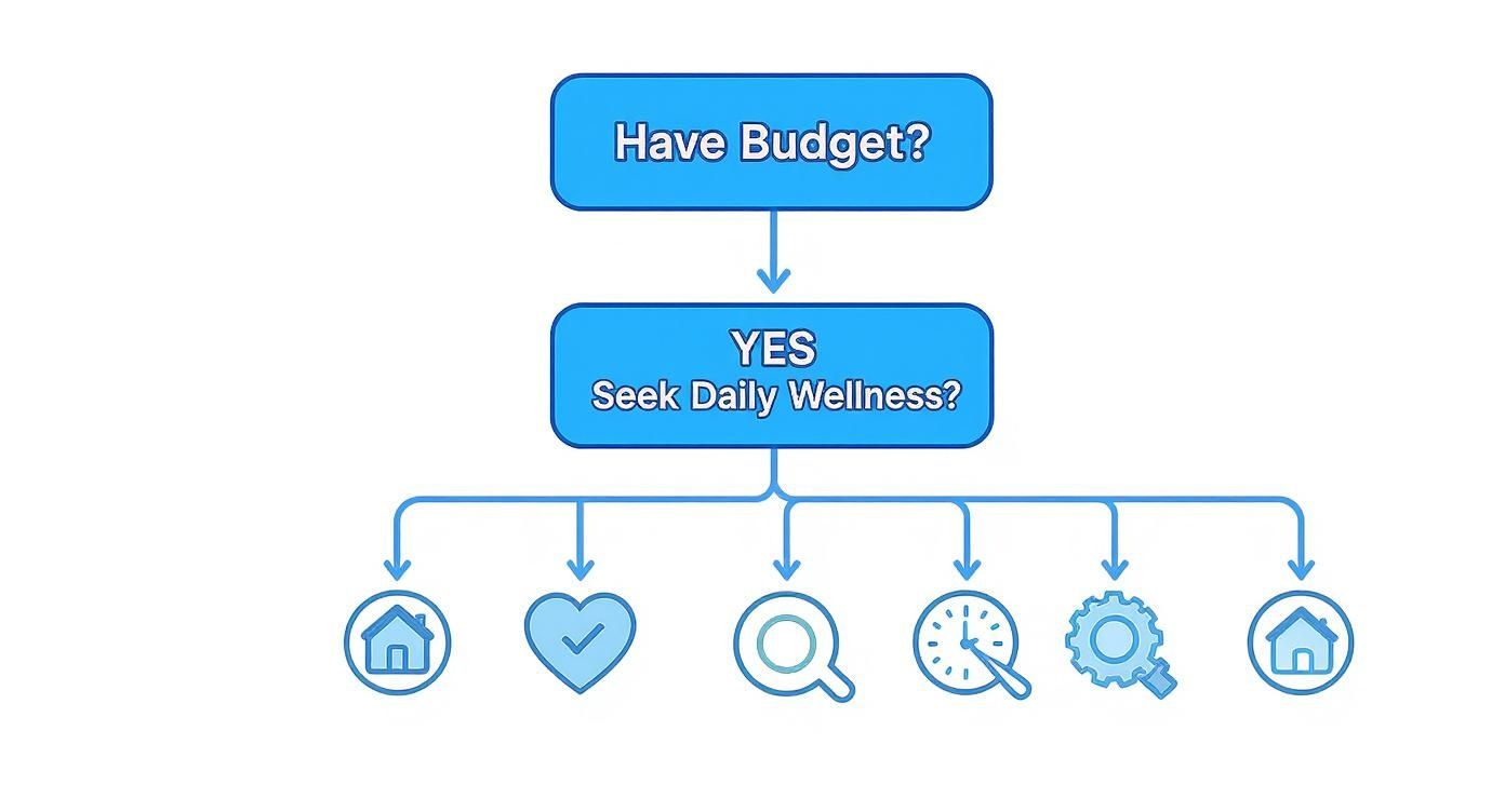 Flowchart showing decision points for daily wellness, starting with 'Have Budget?'.