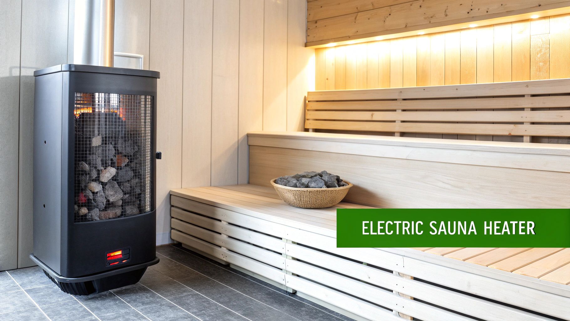 Interior of a modern sauna featuring an electric heater, sauna rocks, and light wood benches.