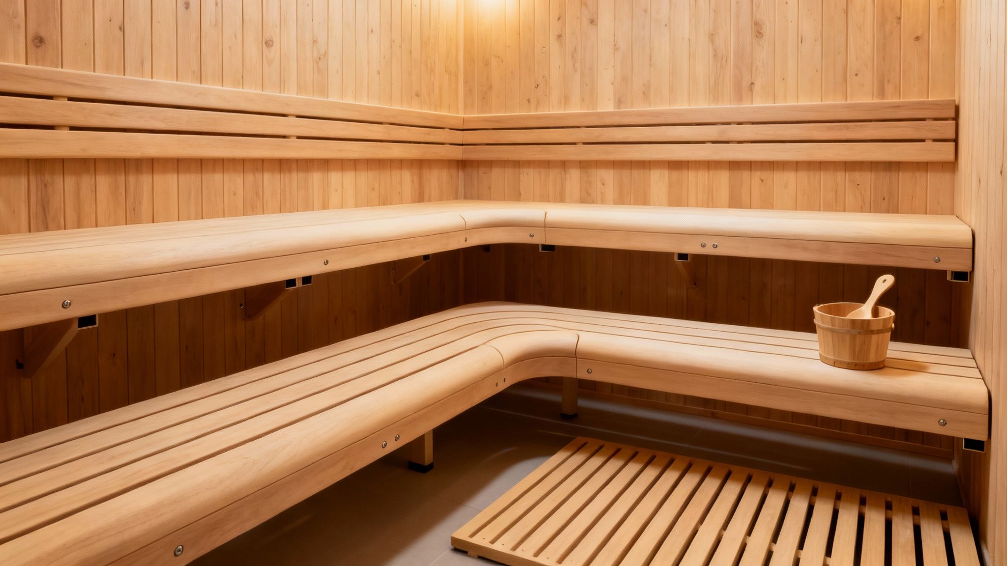 Modern wooden sauna interior with tiered benches, vertical paneling, and traditional wooden bucket with ladle
