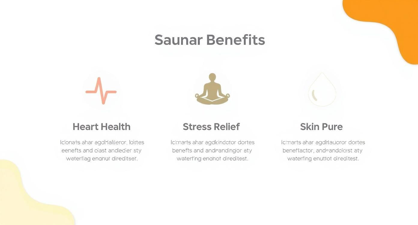 A presentation slide detailing Saunar benefits for heart health, stress relief, and skin purity.