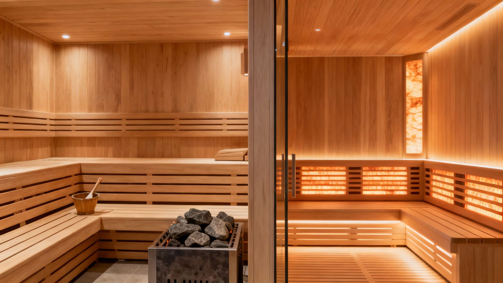 A split image showing a traditional sauna on one side and an infrared sauna on the other.