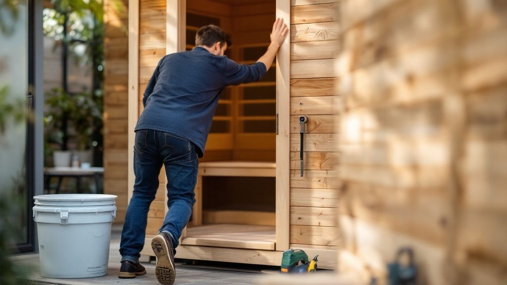 A person relaxing inside a beautifully installed outdoor infrared sauna.
