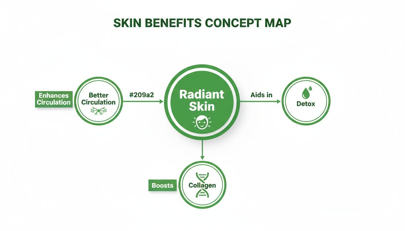A concept map illustrating skin benefits, including radiant skin, better circulation, detox, and boosted collagen.