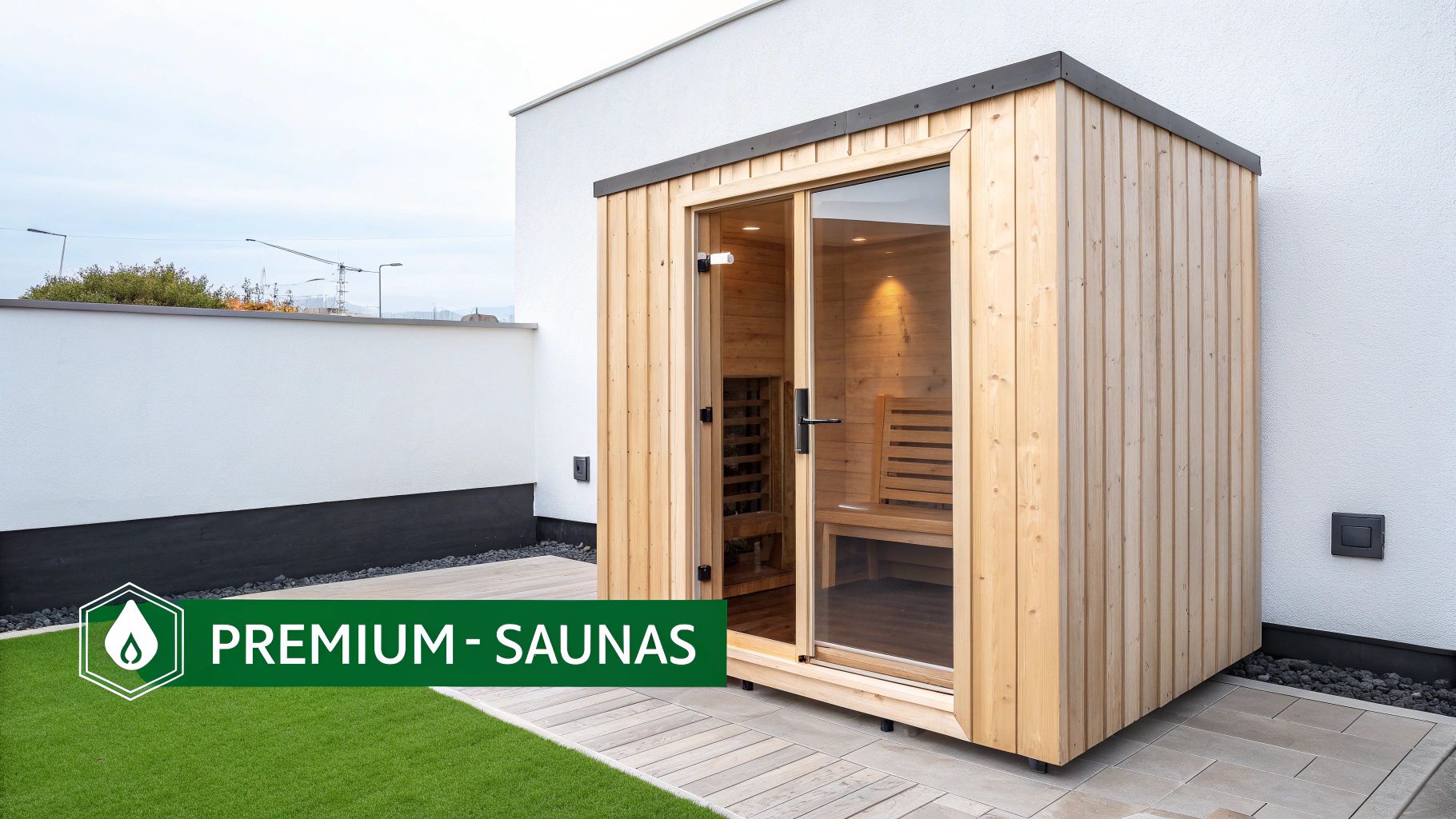 An outdoor modern sauna made of light wood with a large glass door, on a patio.