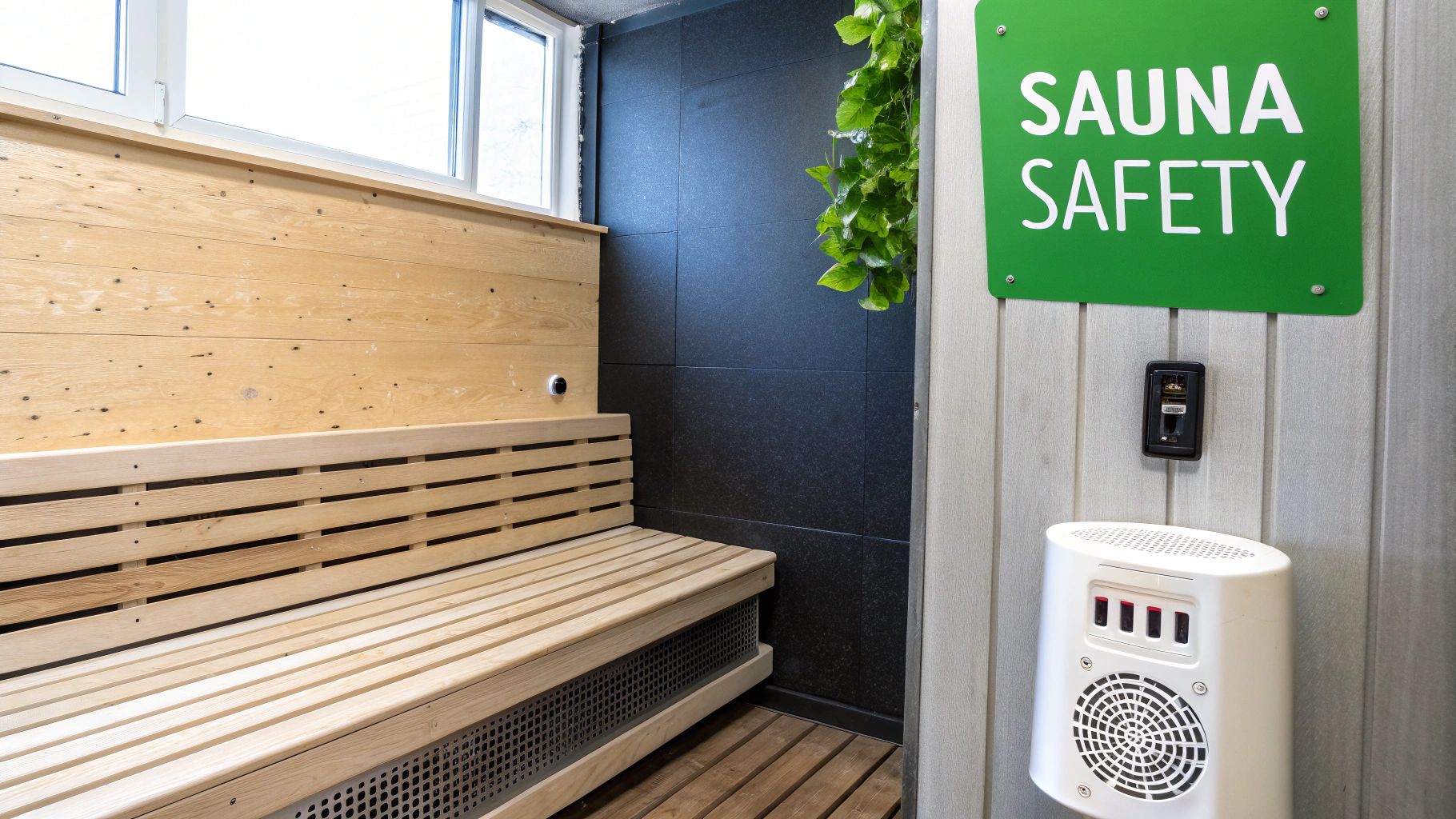 Modern sauna interior featuring wooden benches, a safety sign, and a white ventilation unit.