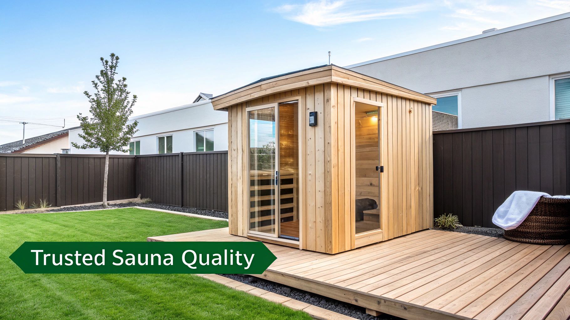 An outdoor wooden infrared sauna sits on a deck in a landscaped backyard with a banner stating 'Trusted Sauna Quality'.