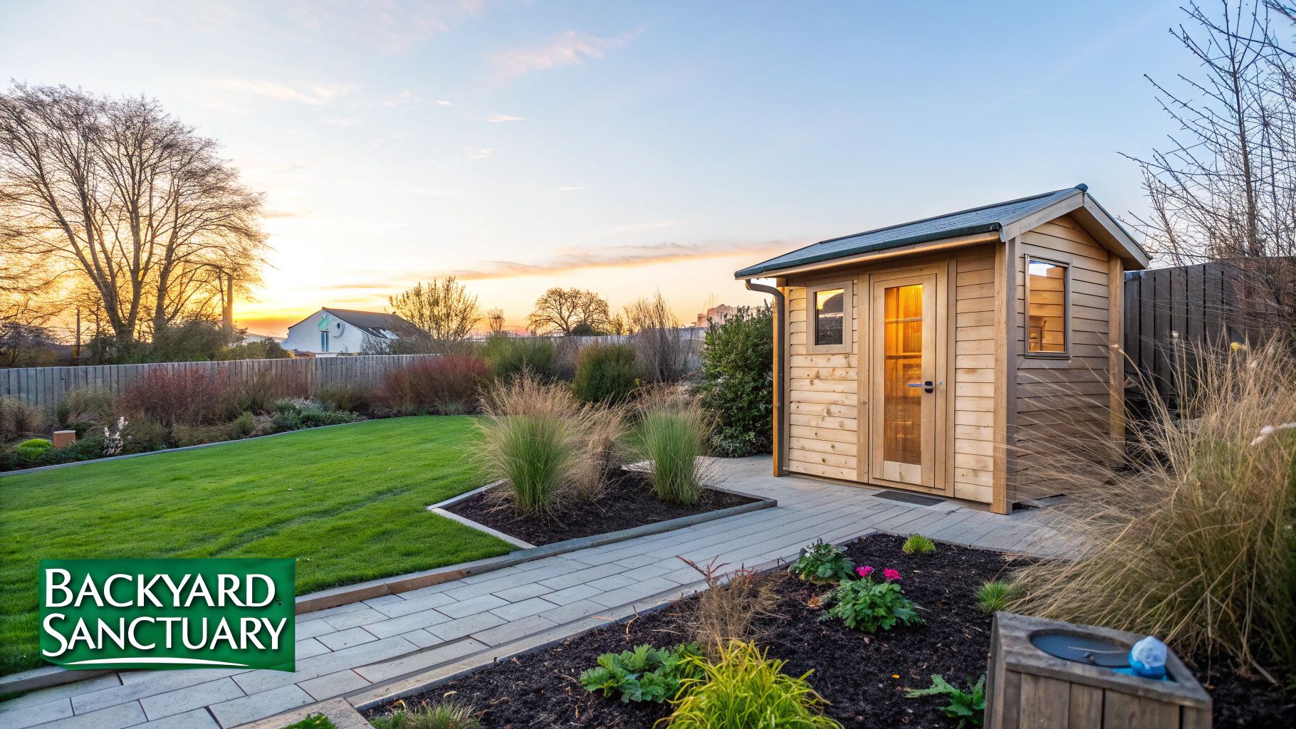 A cozy wooden shed or outdoor sauna in a beautifully landscaped garden at sunset.