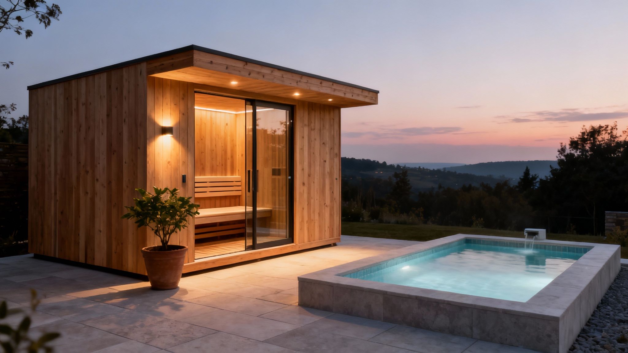 A high-quality home sauna next to a wooden cold plunge tub on a modern deck.
