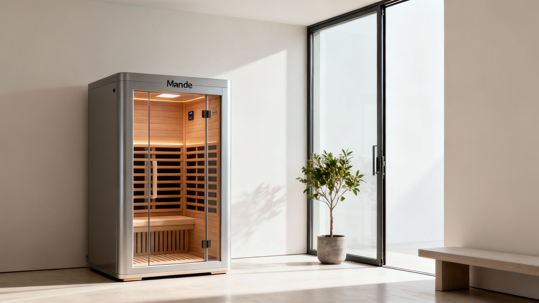A modern outdoor sauna in a backyard setting.