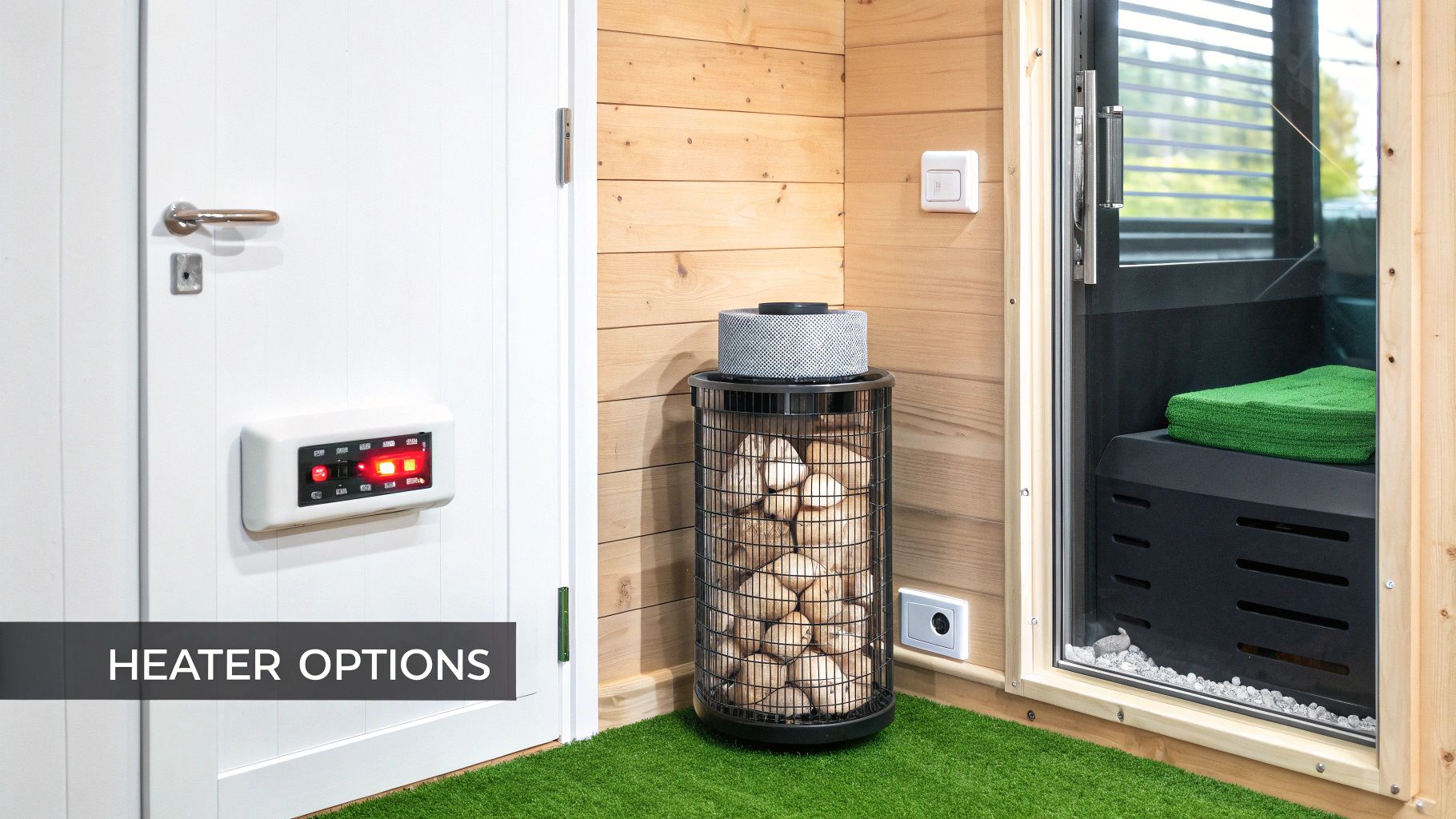 Two distinct sauna heater options are displayed: a traditional rock heater and a modern electric heater.