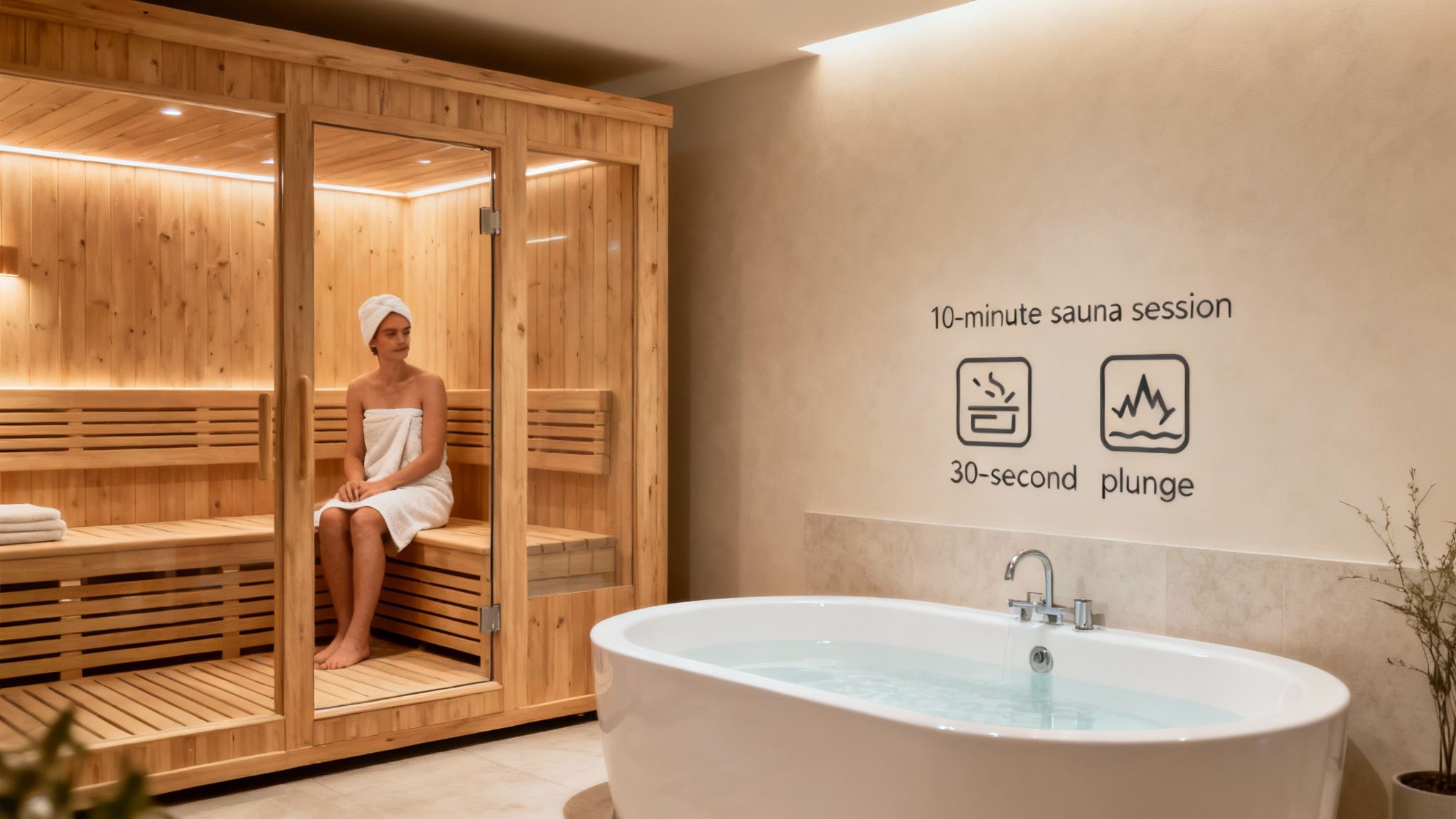 Woman preparing for a cold plunge after being in the sauna
