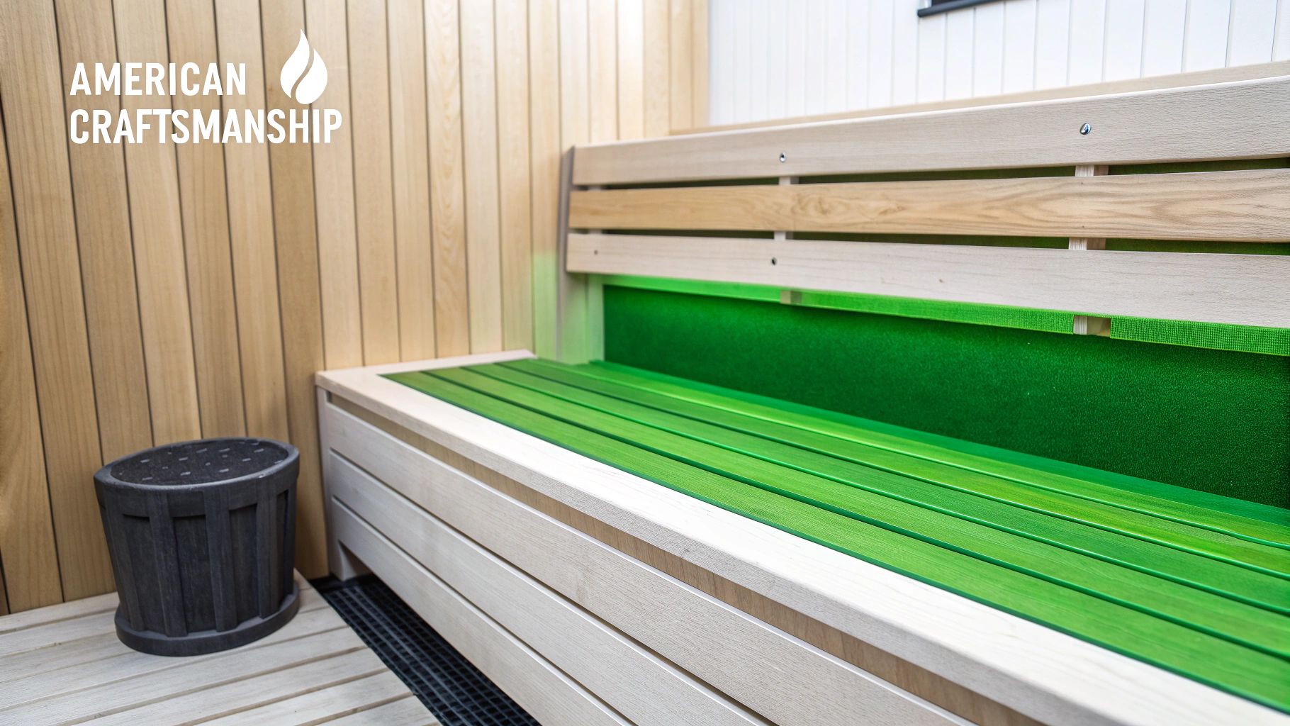 Modern sauna interior with wooden walls, light wood bench, vibrant green lighting, and a dark bucket.
