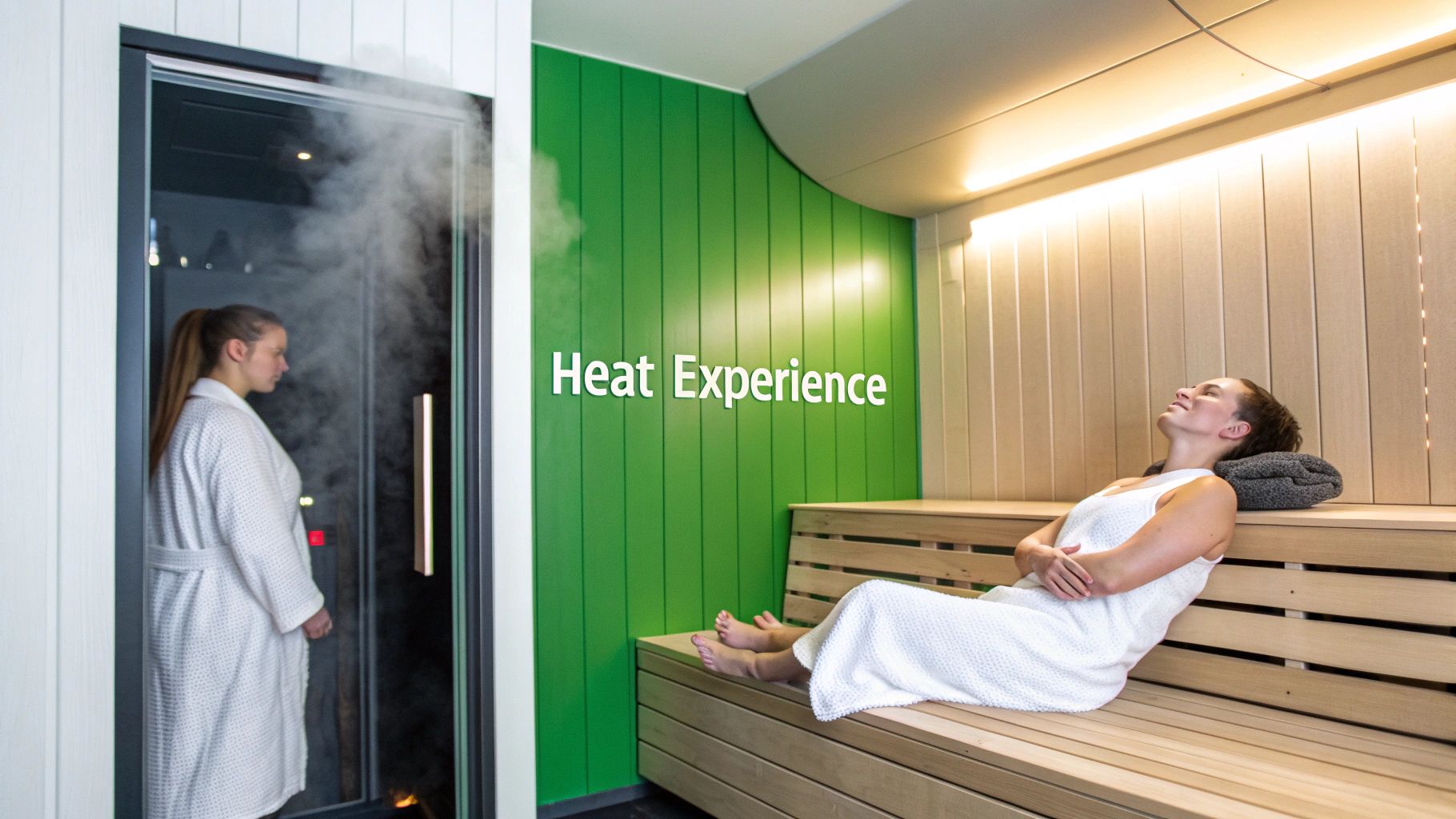 Two women at a modern spa; one in a steamy sauna, another relaxing on a wooden bench.