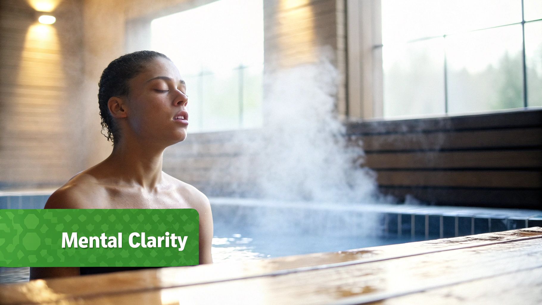 A person with closed eyes relaxing in a steamy hot tub, emphasizing mental clarity and well-being.