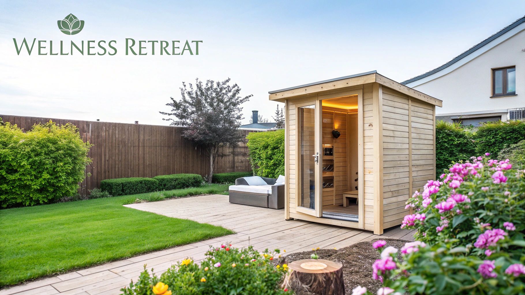 Backyard oasis with a wooden sauna, lush green lawn, comfortable outdoor seating, and colorful blooms.