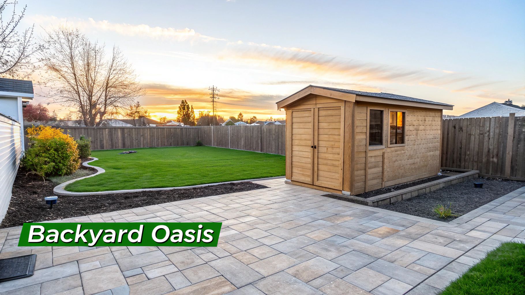 A beautiful backyard oasis featuring a paved patio, green lawn, wooden shed, and a privacy fence at sunset.