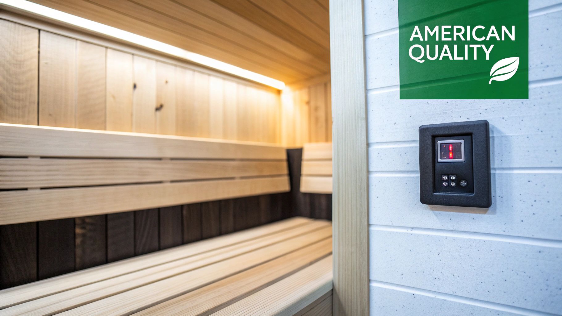 A modern infrared sauna interior with light wood benches, warm lighting, and a control panel.