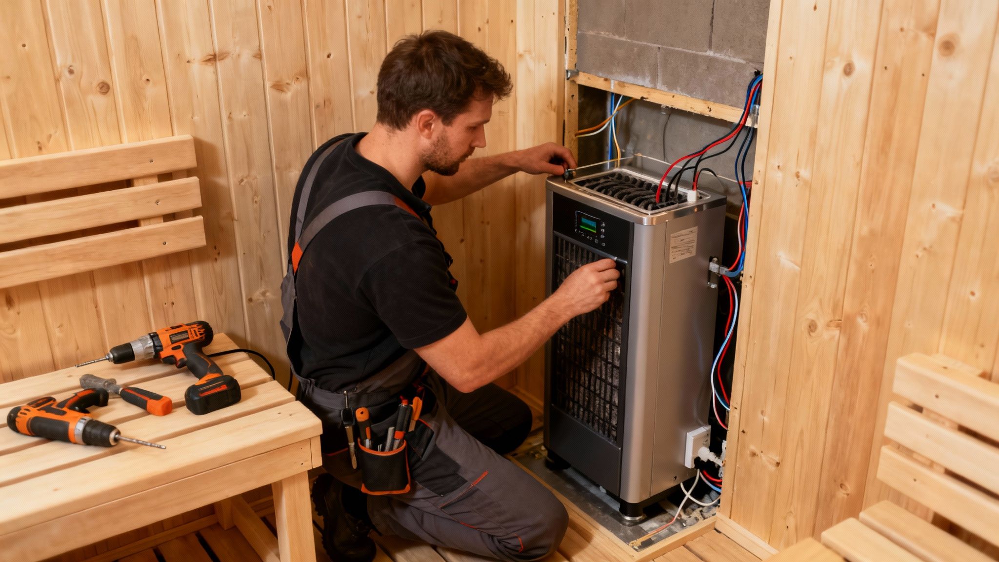 Man installing a home sauna kit