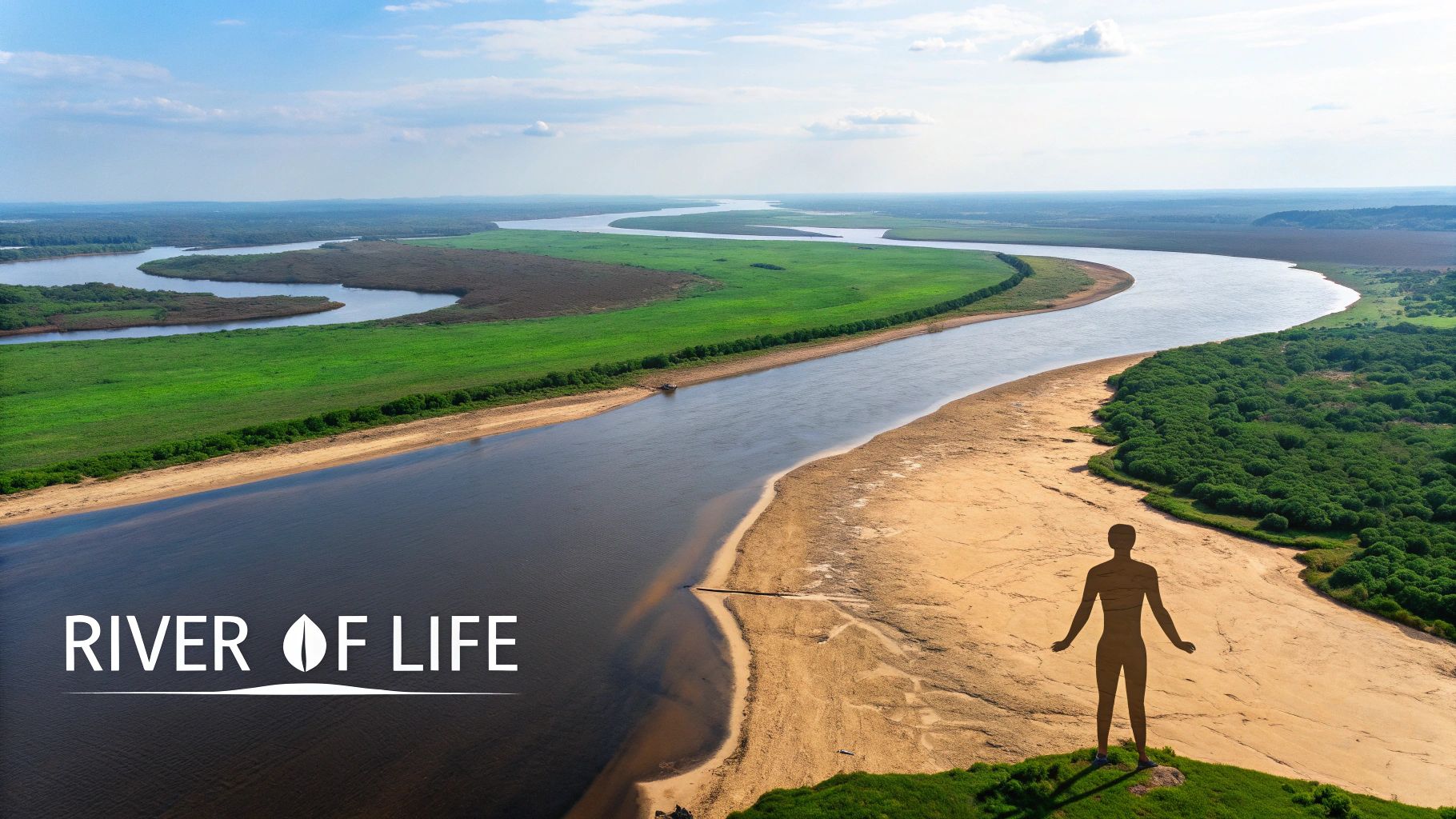 Aerial view of a winding river flowing through green fields and sandy banks with a human silhouette.