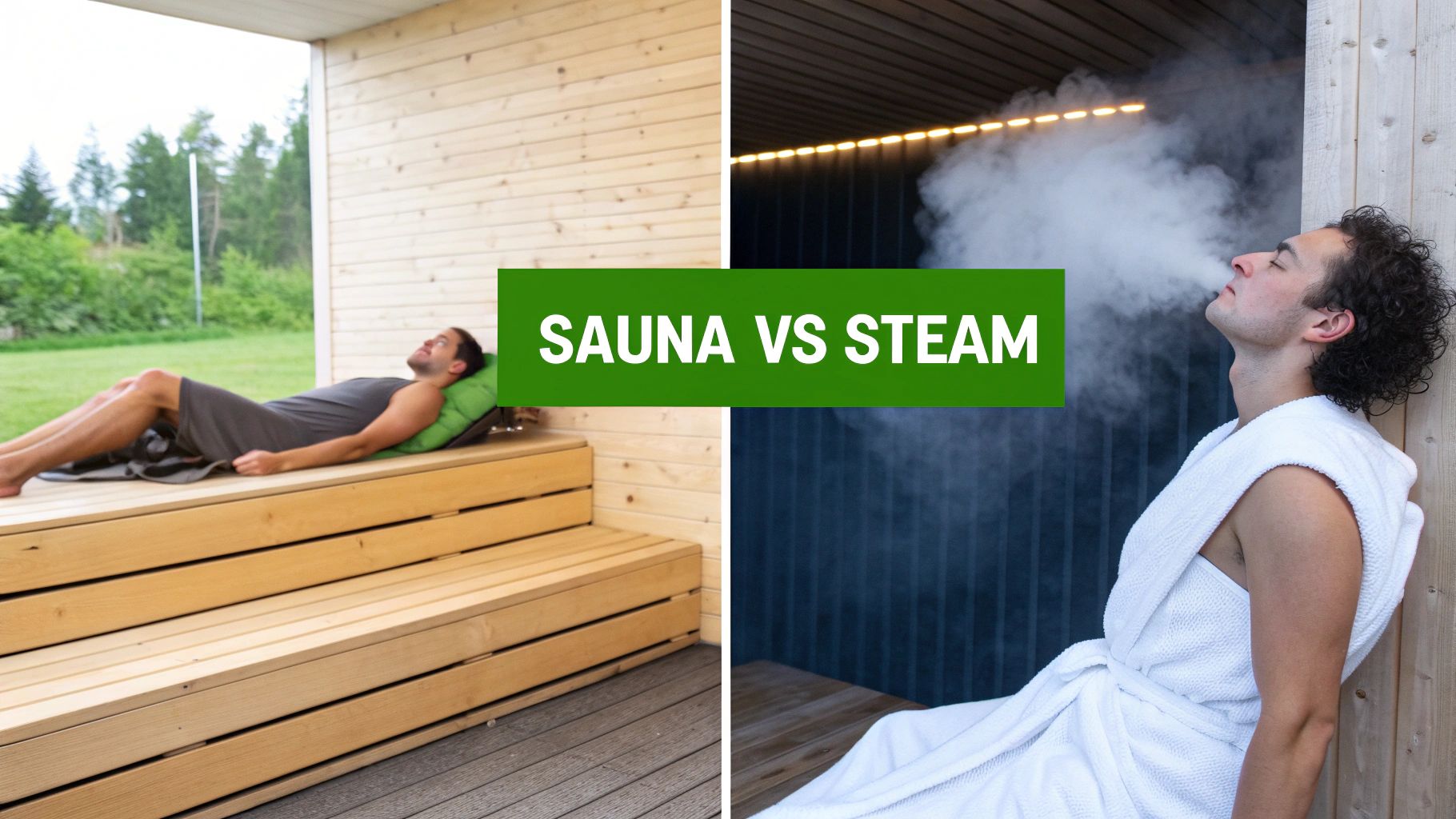A split image showing a man relaxing in a sauna and another man enjoying a steamy room.