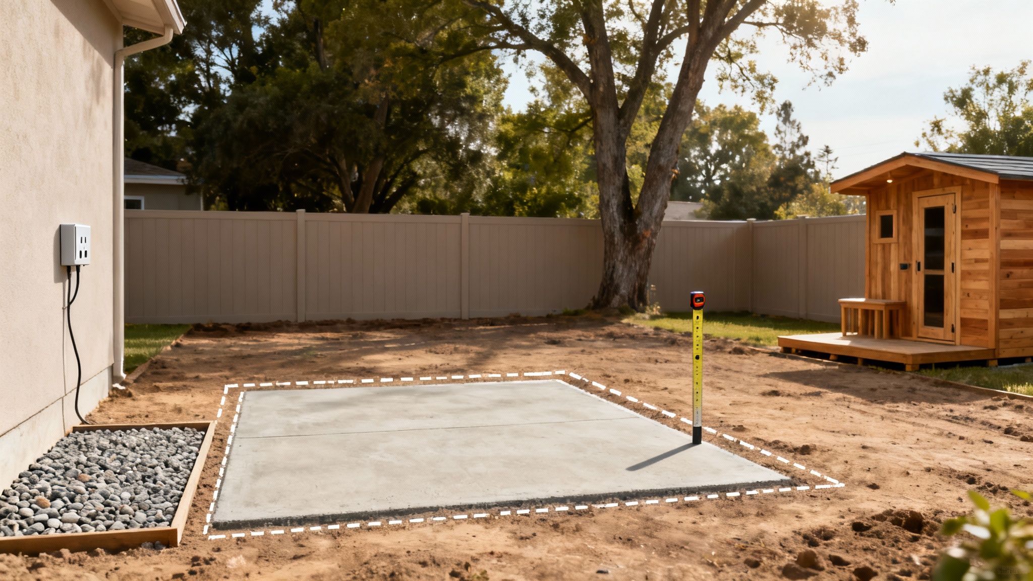 A spacious and modern outdoor sauna with large glass windows, situated on a well-prepared gravel foundation in a backyard setting.