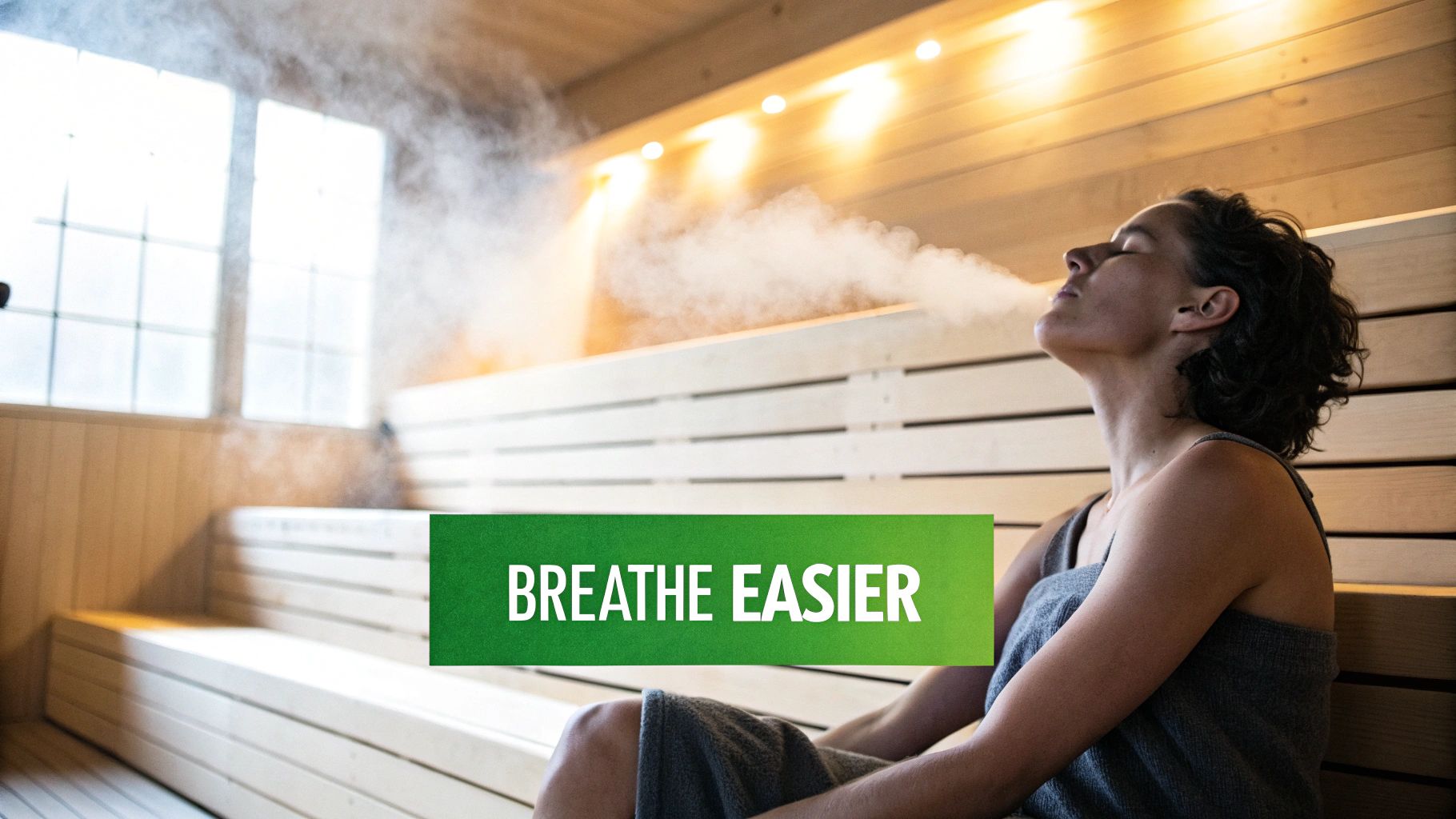 A person in a wooden sauna room inhales therapeutic steam, looking relaxed to breathe easier.