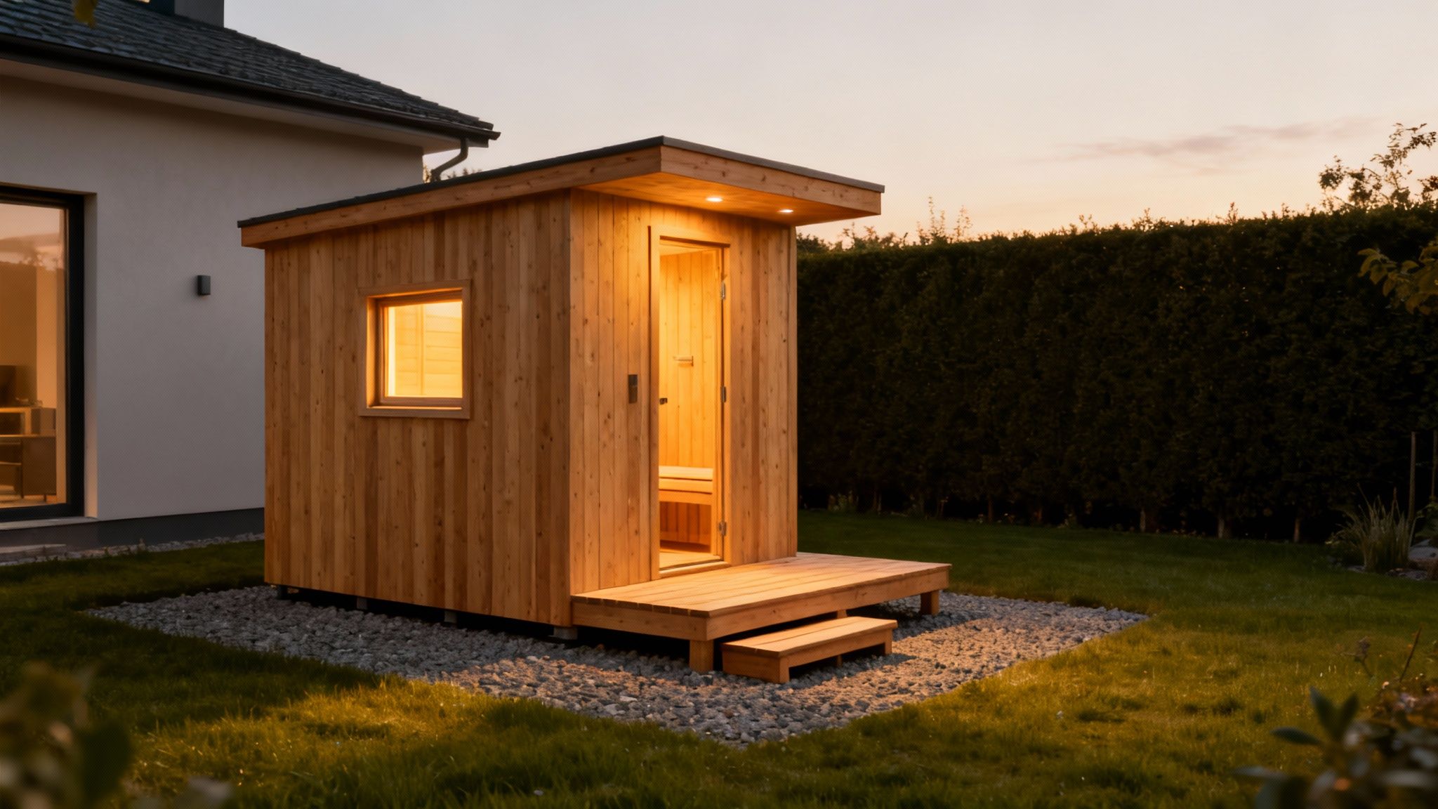 A beautifully crafted barrel sauna with a small porch, nestled in a snowy backyard surrounded by trees.