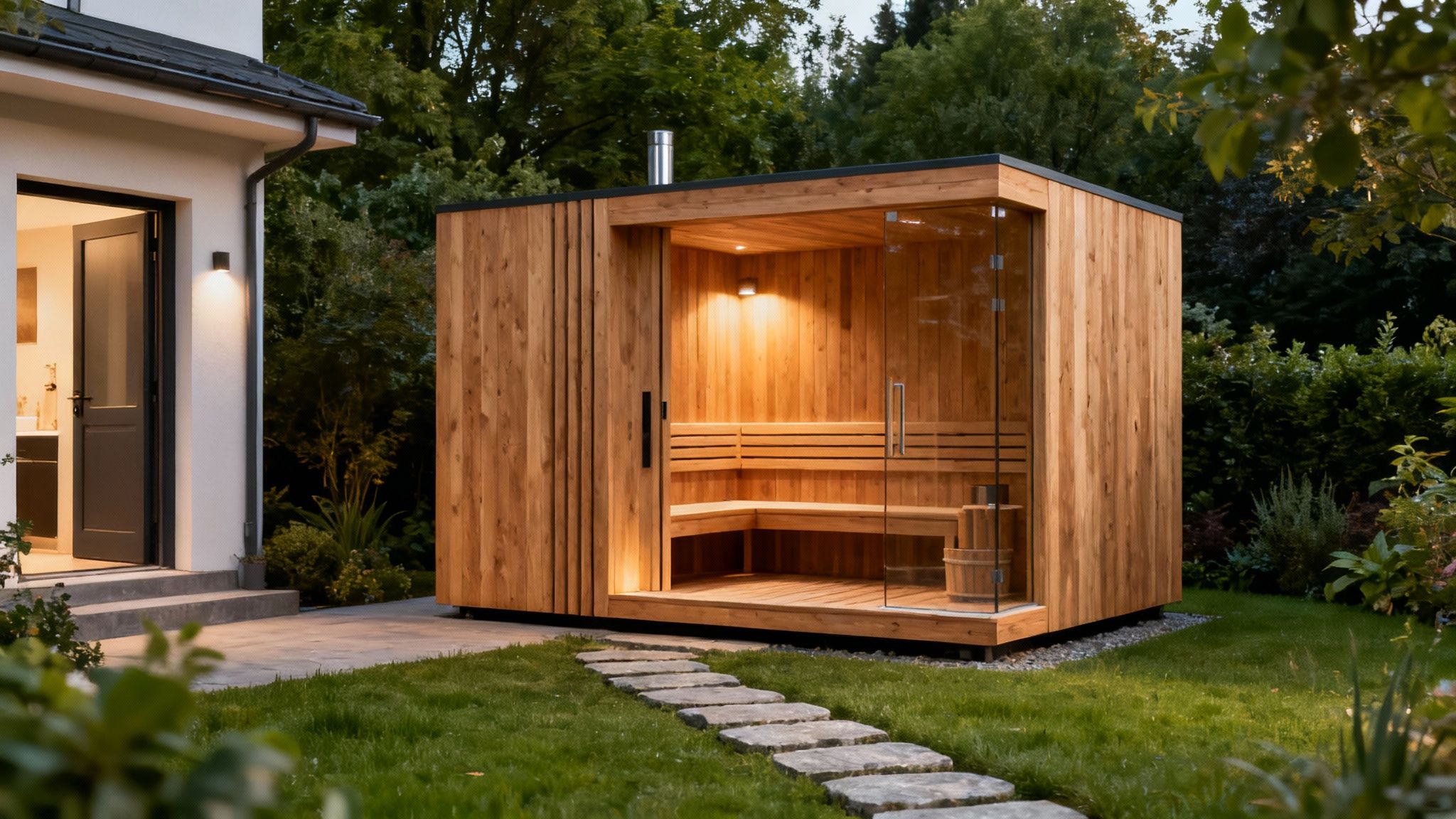 A modern outdoor sauna with a glass door, nestled in a backyard setting with lush greenery.