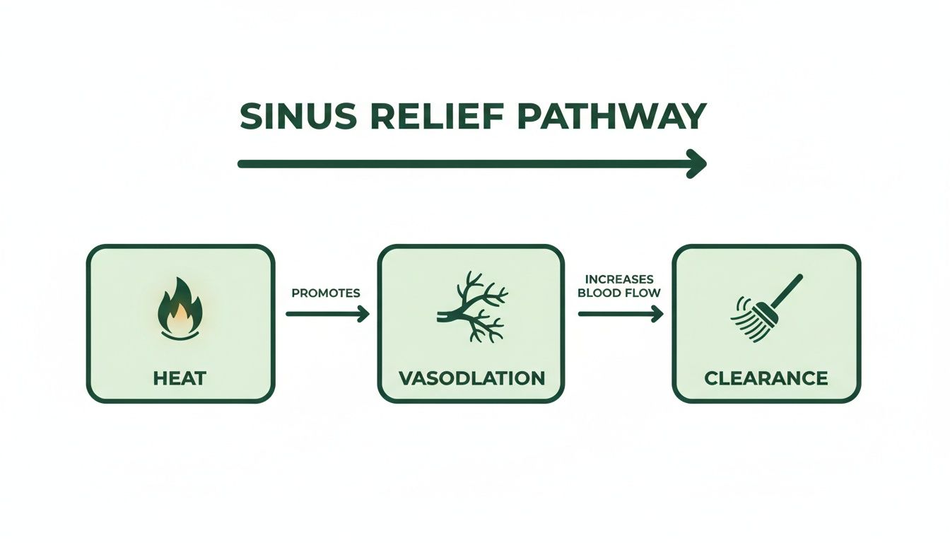 A diagram illustrating the sinus relief pathway: heat promotes vasodilation, which increases blood flow and aids clearance.