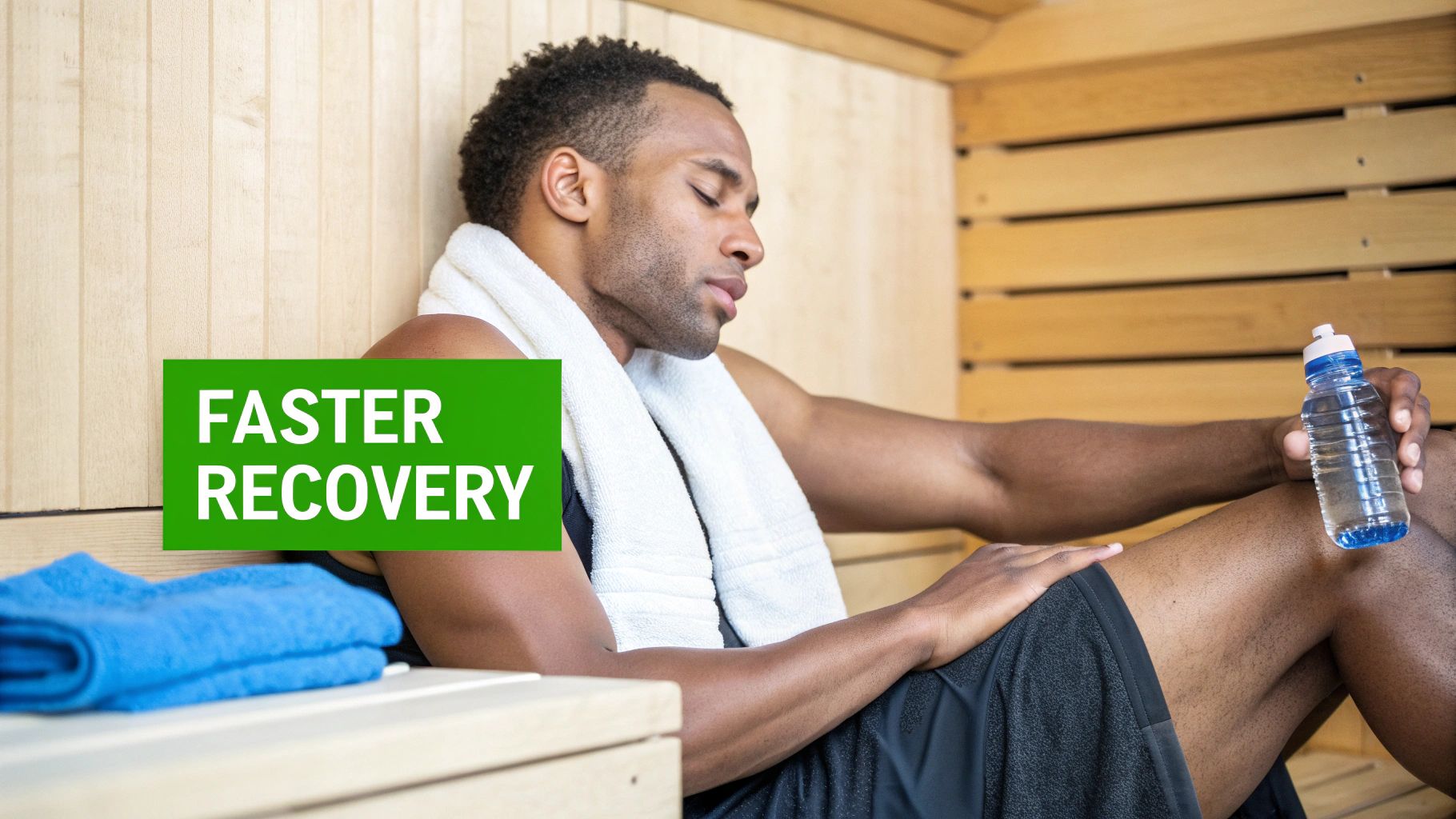 An athletic man rests in a wooden sauna with a towel and water bottle, promoting recovery.