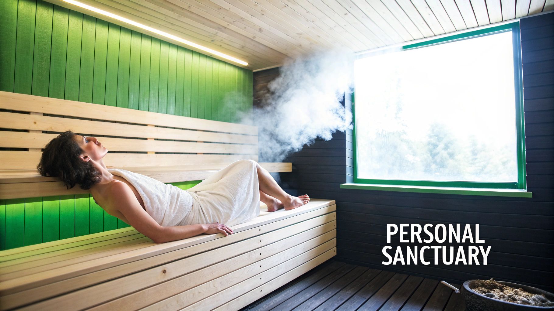 A woman in a white wrap relaxes on a wooden bench in a steamy sauna room with a large window.