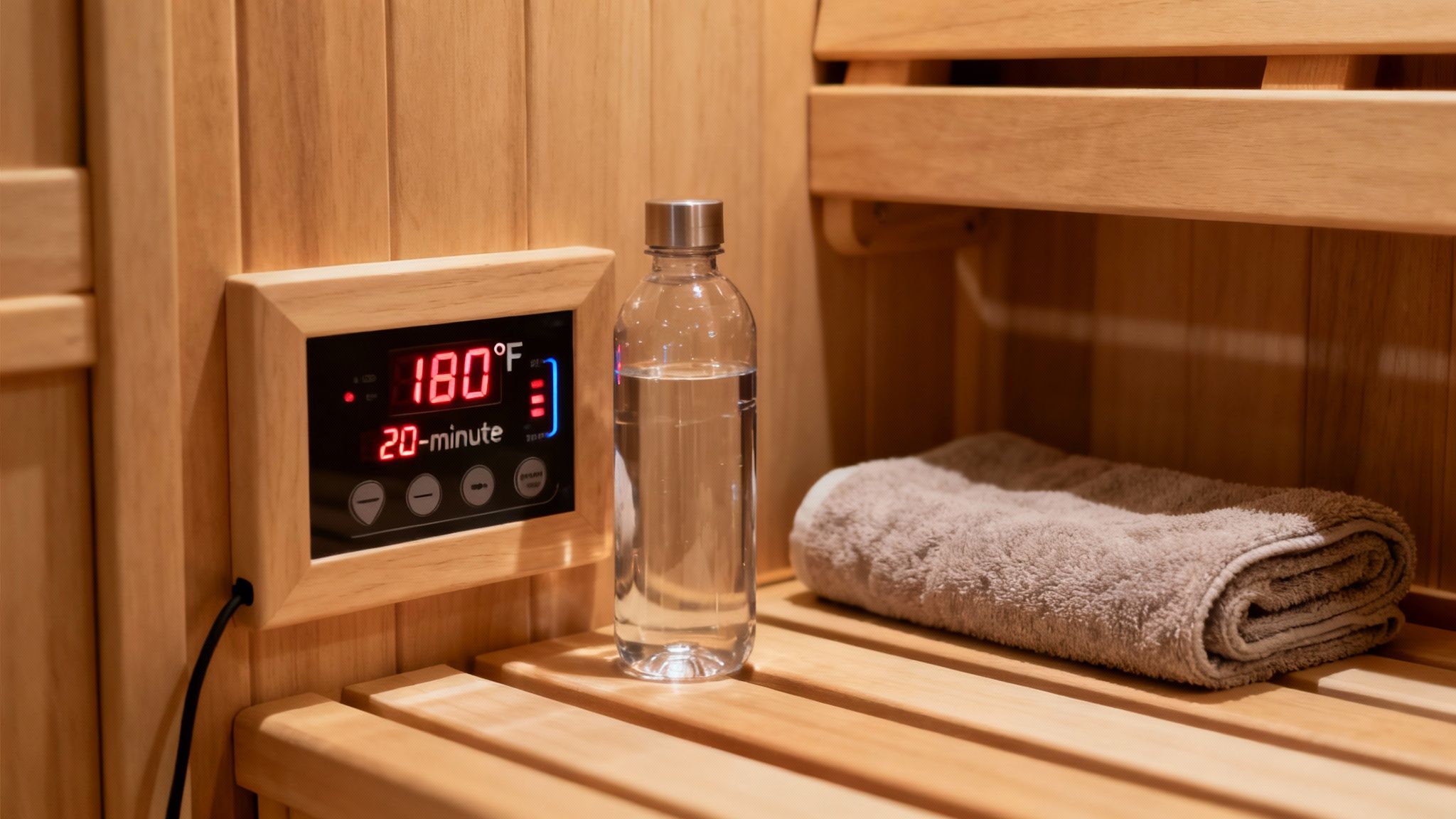 A man with a towel wrapped around his waist sits peacefully on a wooden bench inside a home sauna.
