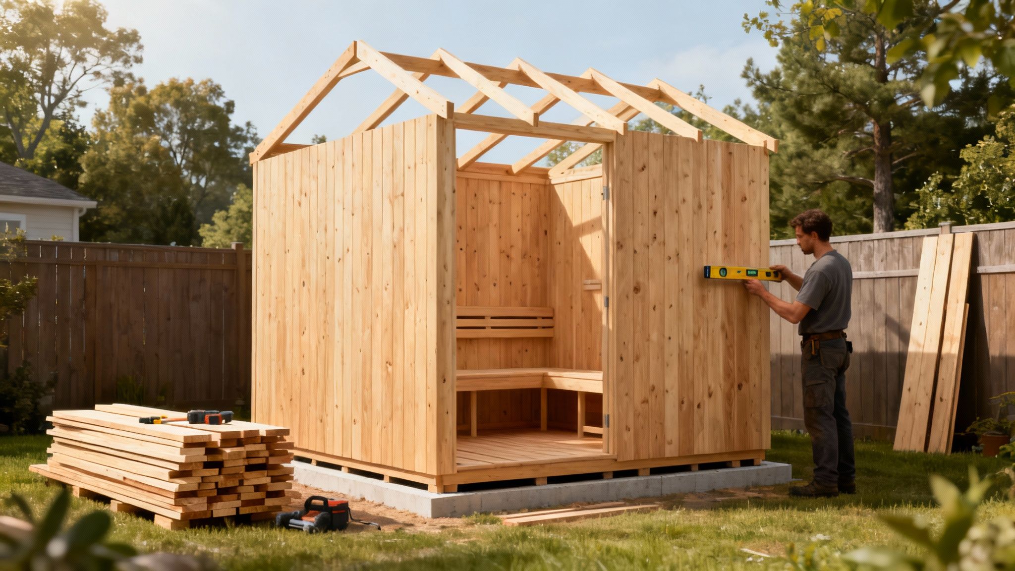 A sauna's walls and roof being assembled in a backyard setting.