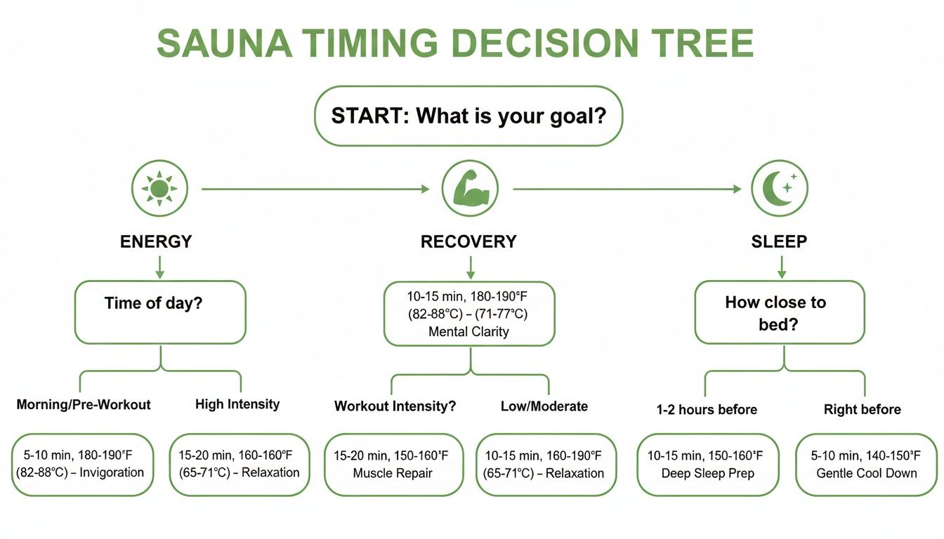 Sauna timing decision tree guiding users on optimal duration and temperature for energy, recovery, or sleep.